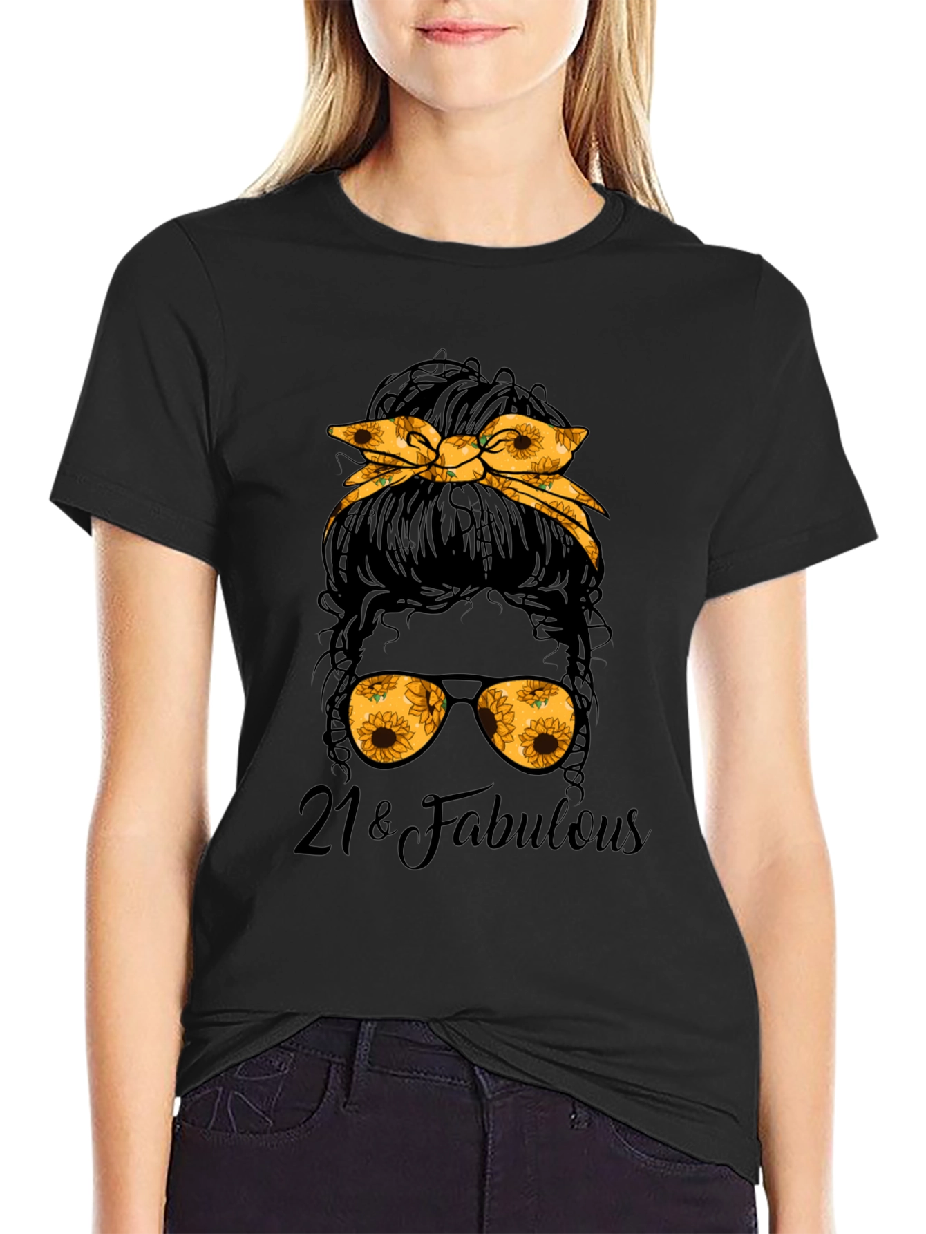21 & Fabulous Messy Bun Sunflower Graphic Tee