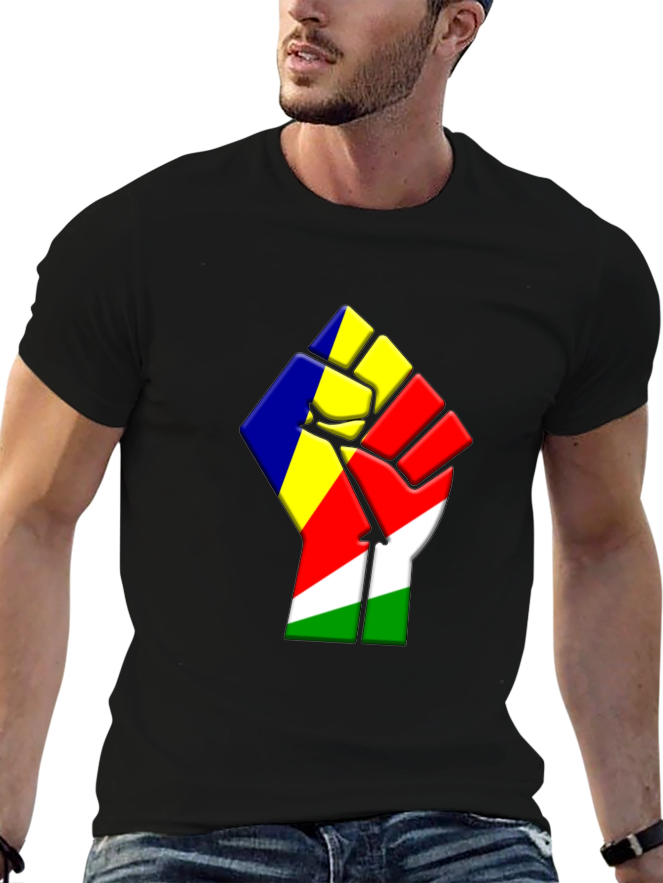 Seychelles Flag Fist Graphic Black T-Shirt
