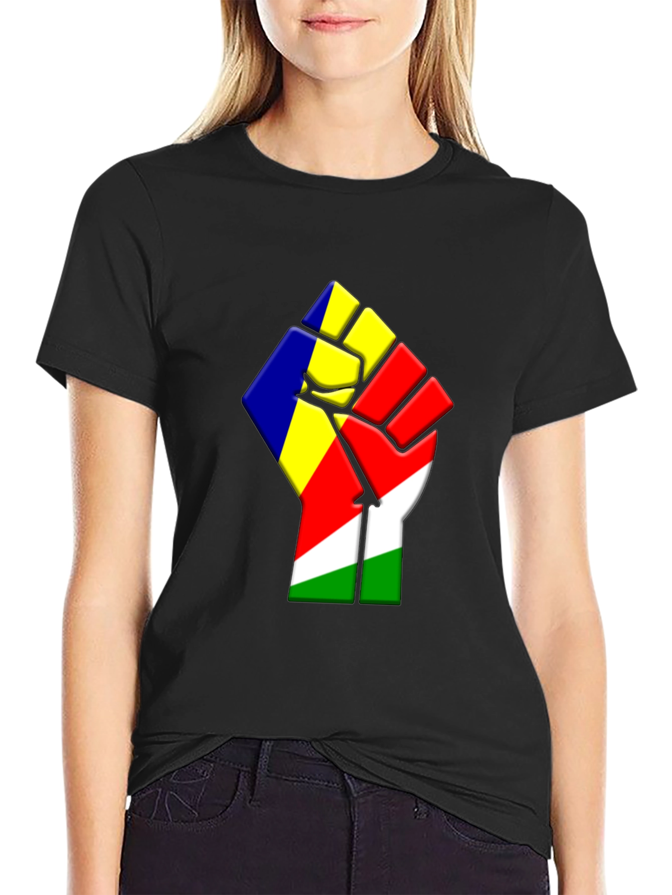 Seychelles Flag Fist Graphic Black T-Shirt