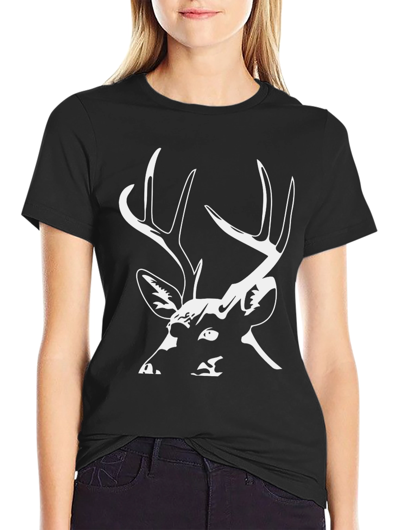Deer Graphic Tee - Black Cotton Casual T-Shirt