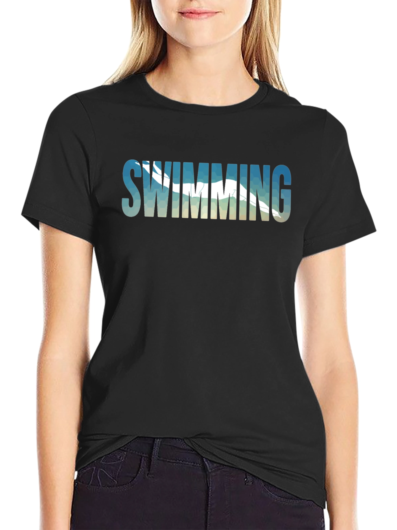Swimming Graphic Tee - Black Cotton T-Shirt