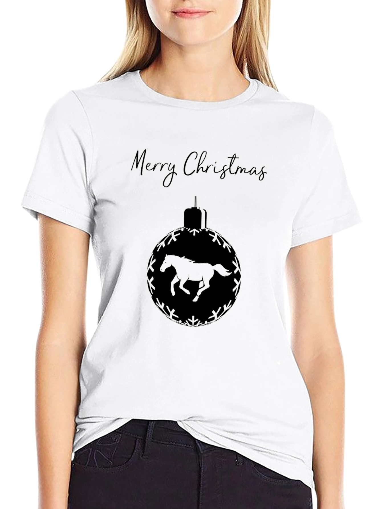 Merry Christmas Horse Ornament Black T-Shirt