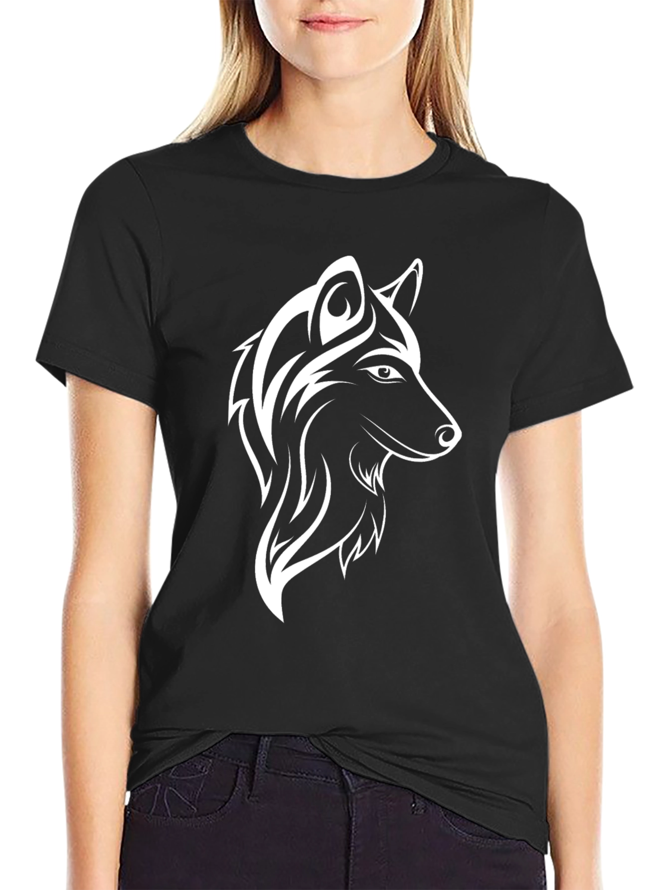 Black T-Shirt with White Wolf Graphic