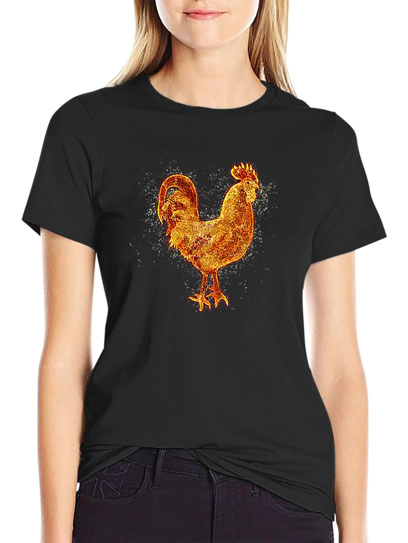 Fiery Rooster Graphic Tee - Black Cotton T-Shirt