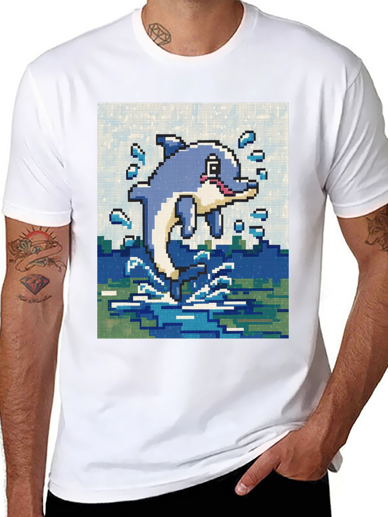Pixel Art Dolphin Black T-Shirt