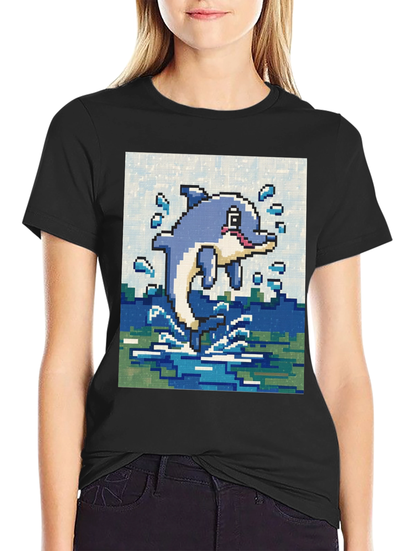 Pixel Art Dolphin Black T-Shirt