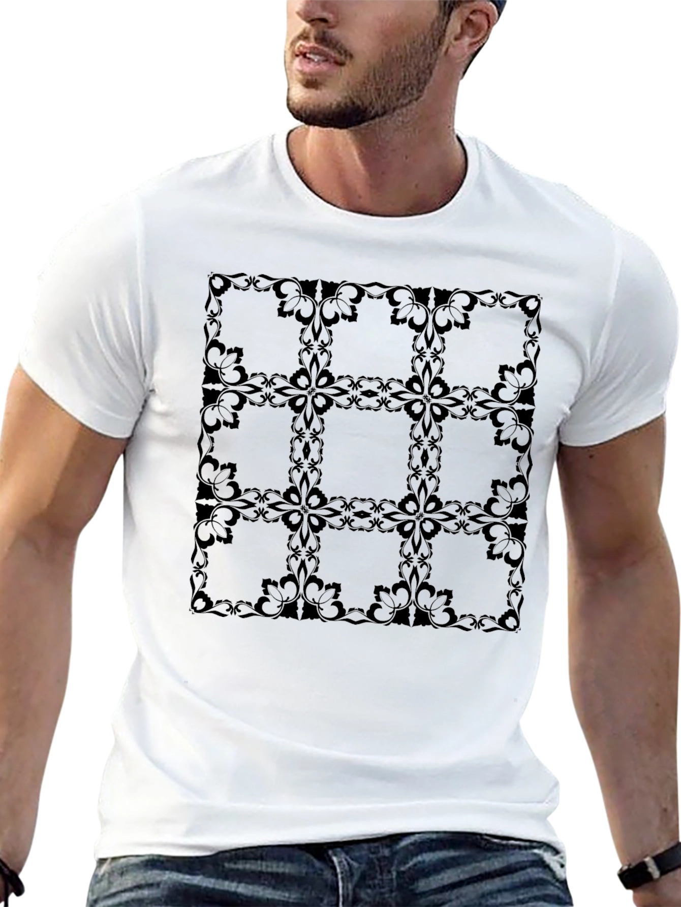 Elegant Floral Grid Black T-Shirt