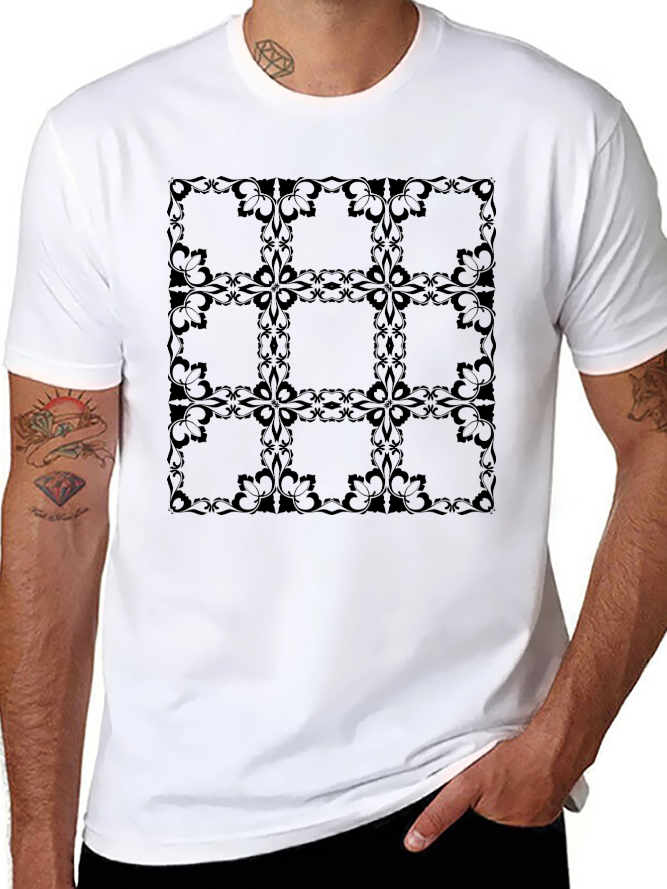 Elegant Floral Grid Black T-Shirt