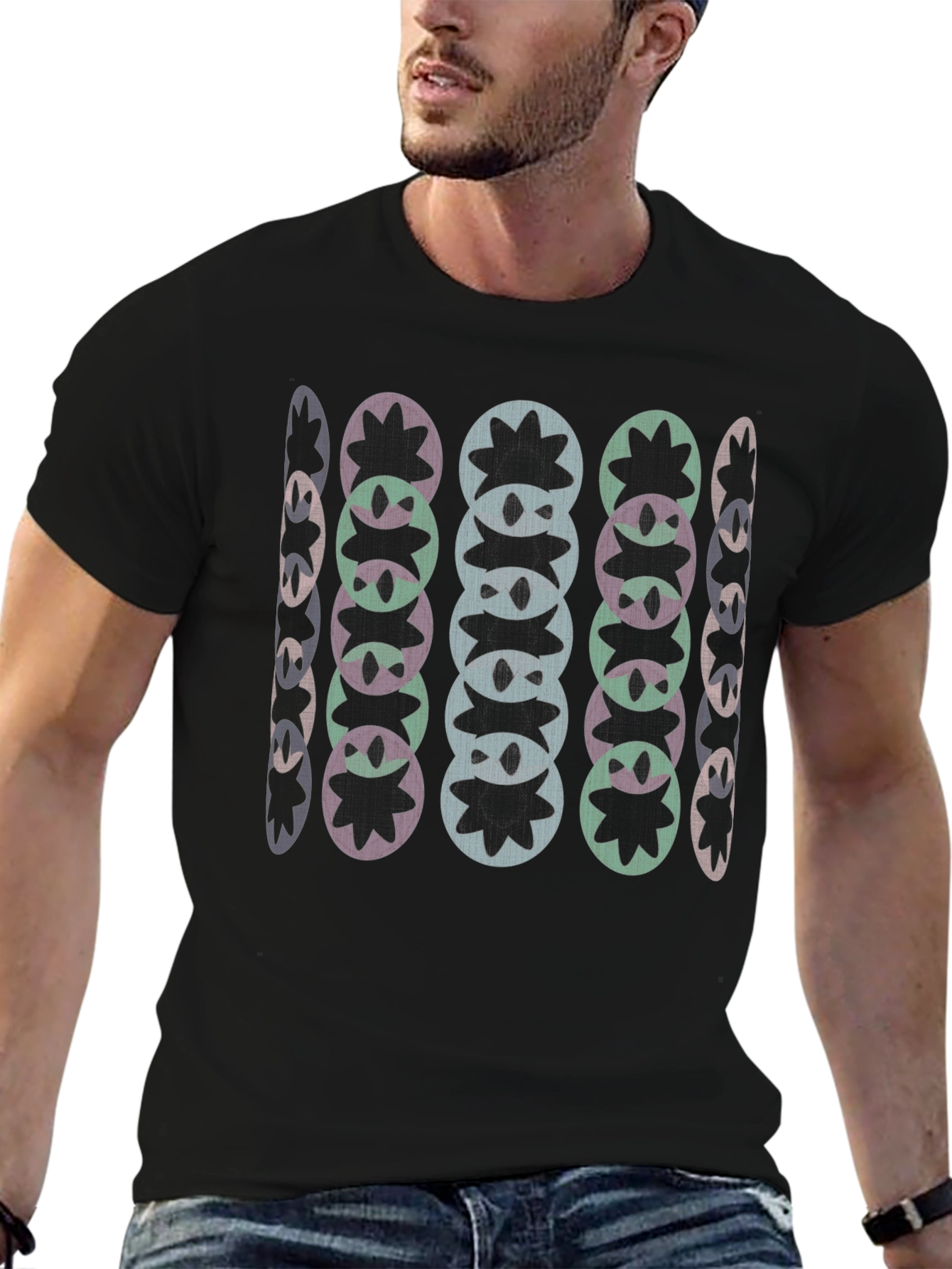 Abstract Floral Pattern Black T-Shirt