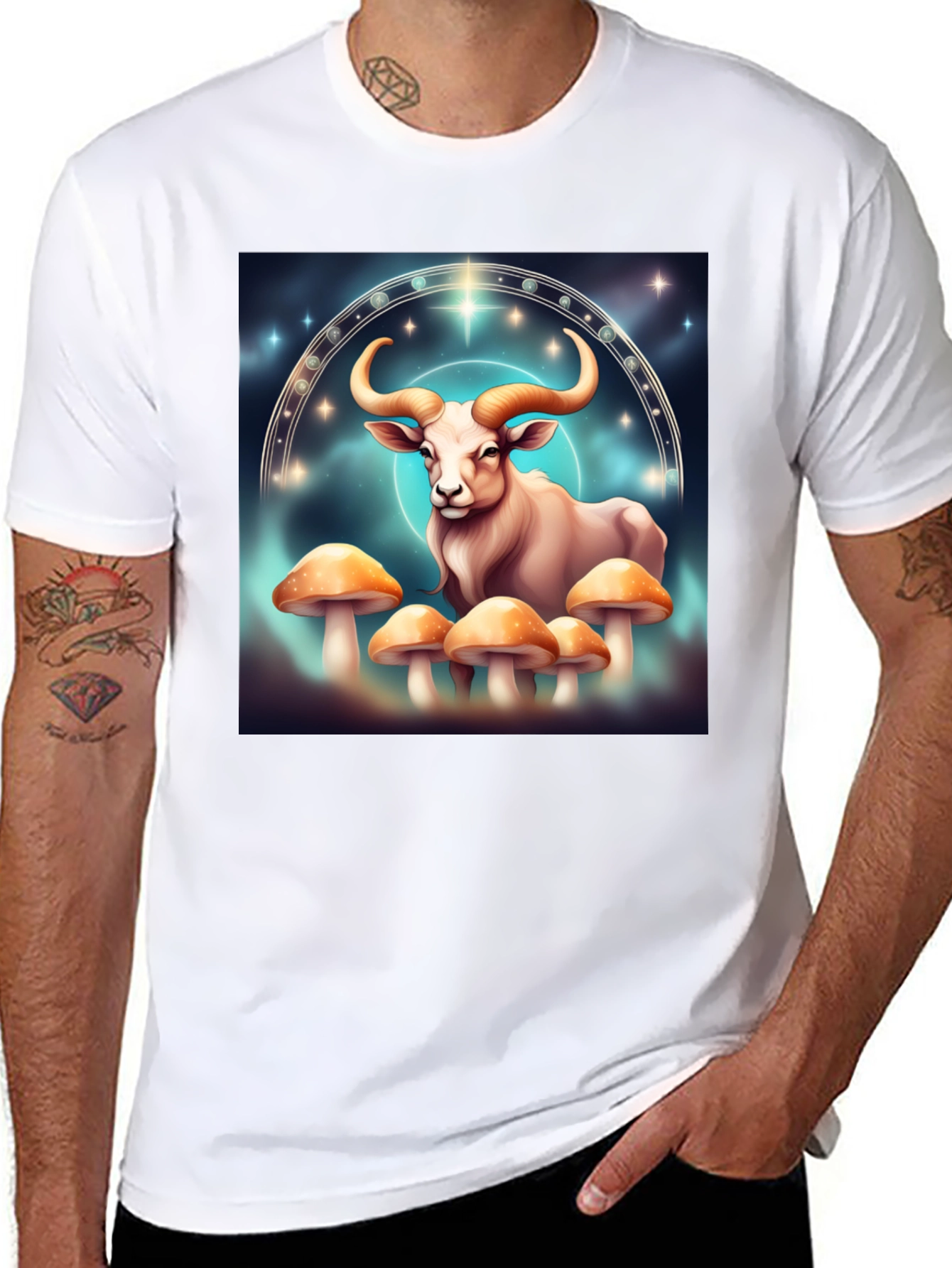 Taurus Zodiac T-Shirt - Cosmic Bull & Mushrooms