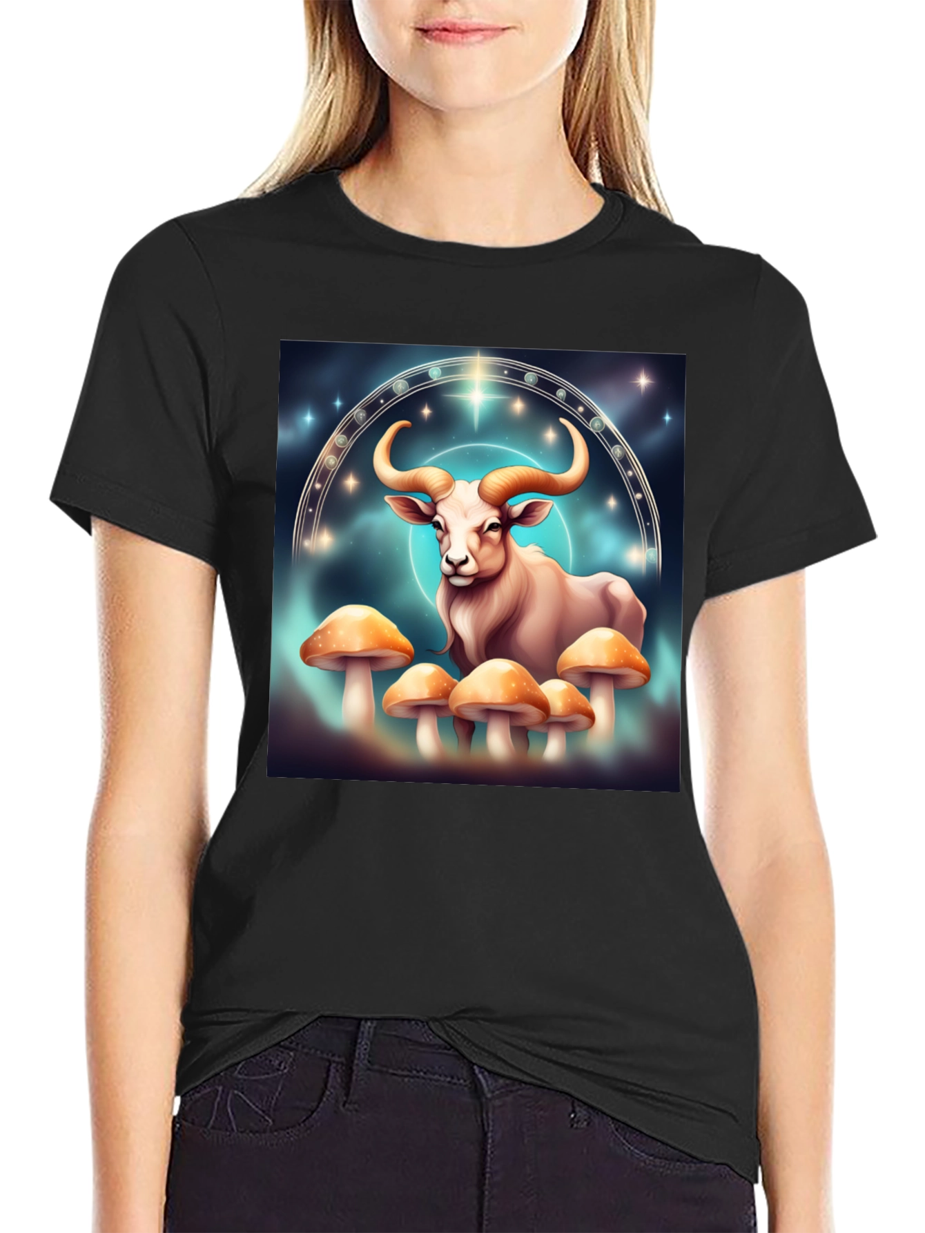 Taurus Zodiac T-Shirt - Cosmic Bull & Mushrooms