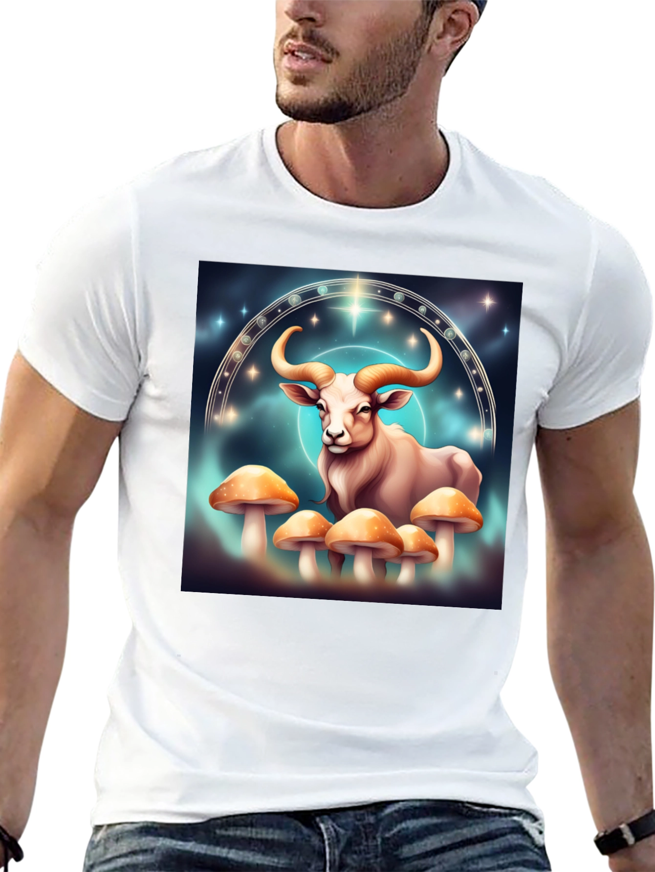Taurus Zodiac T-Shirt - Cosmic Bull & Mushrooms