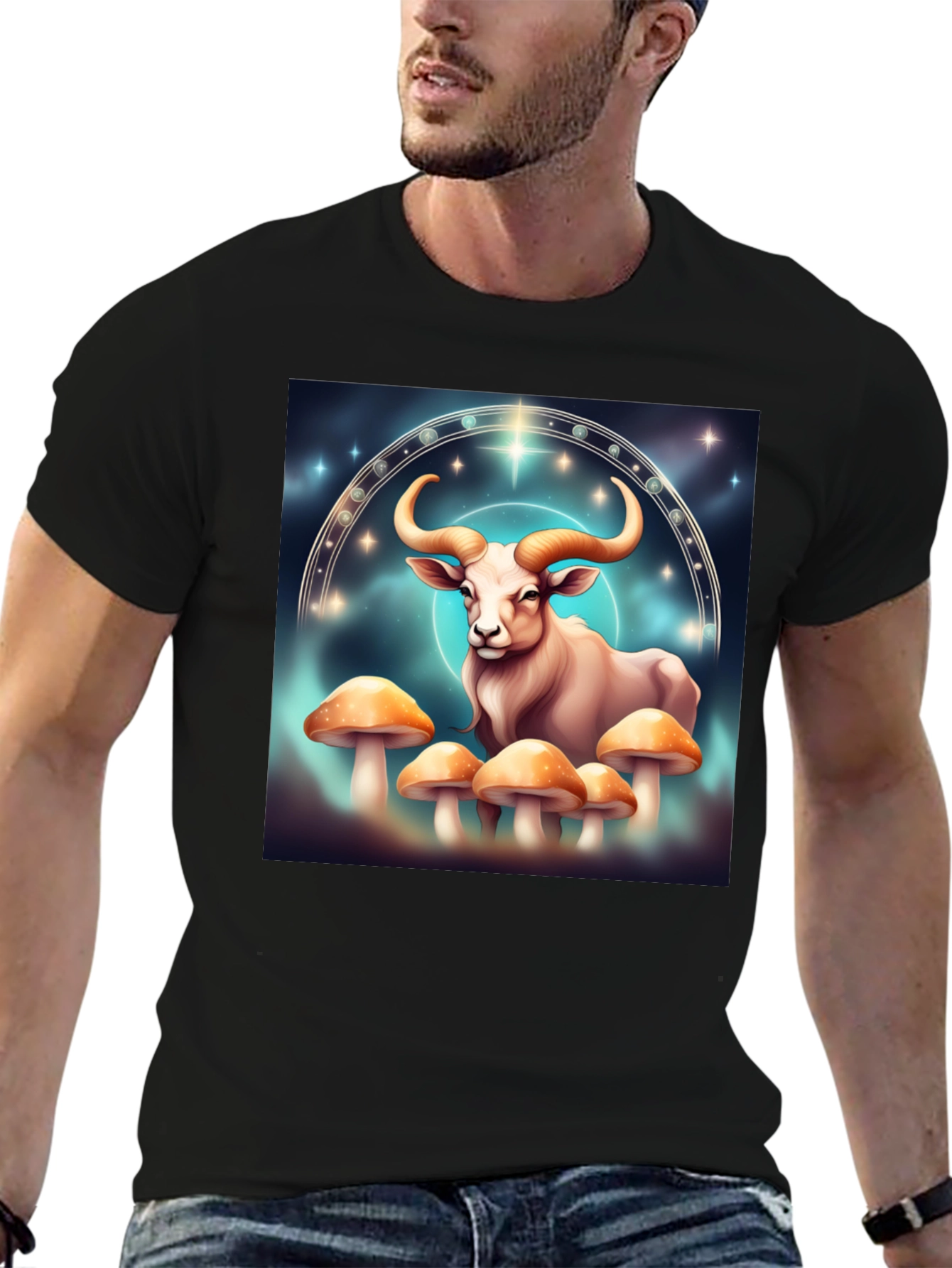 Taurus Zodiac T-Shirt - Cosmic Bull & Mushrooms