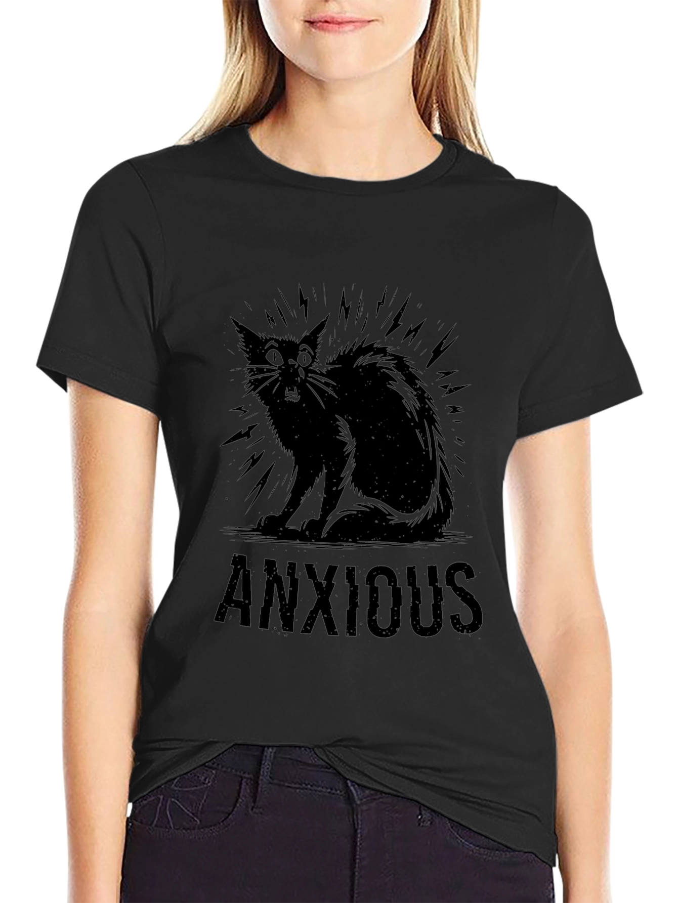 Anxious Cat Black Graphic T-Shirt
