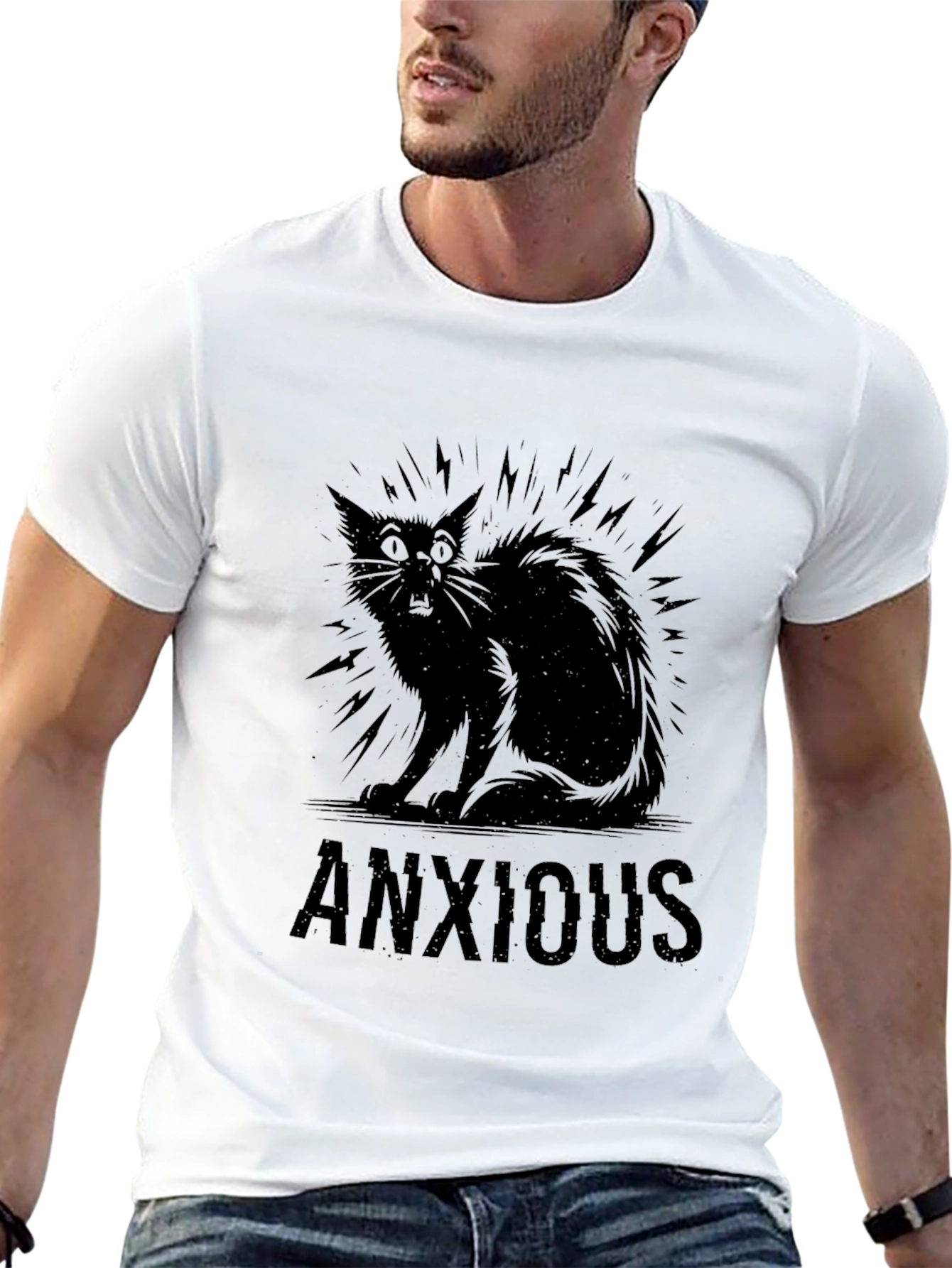Anxious Cat Black Graphic T-Shirt