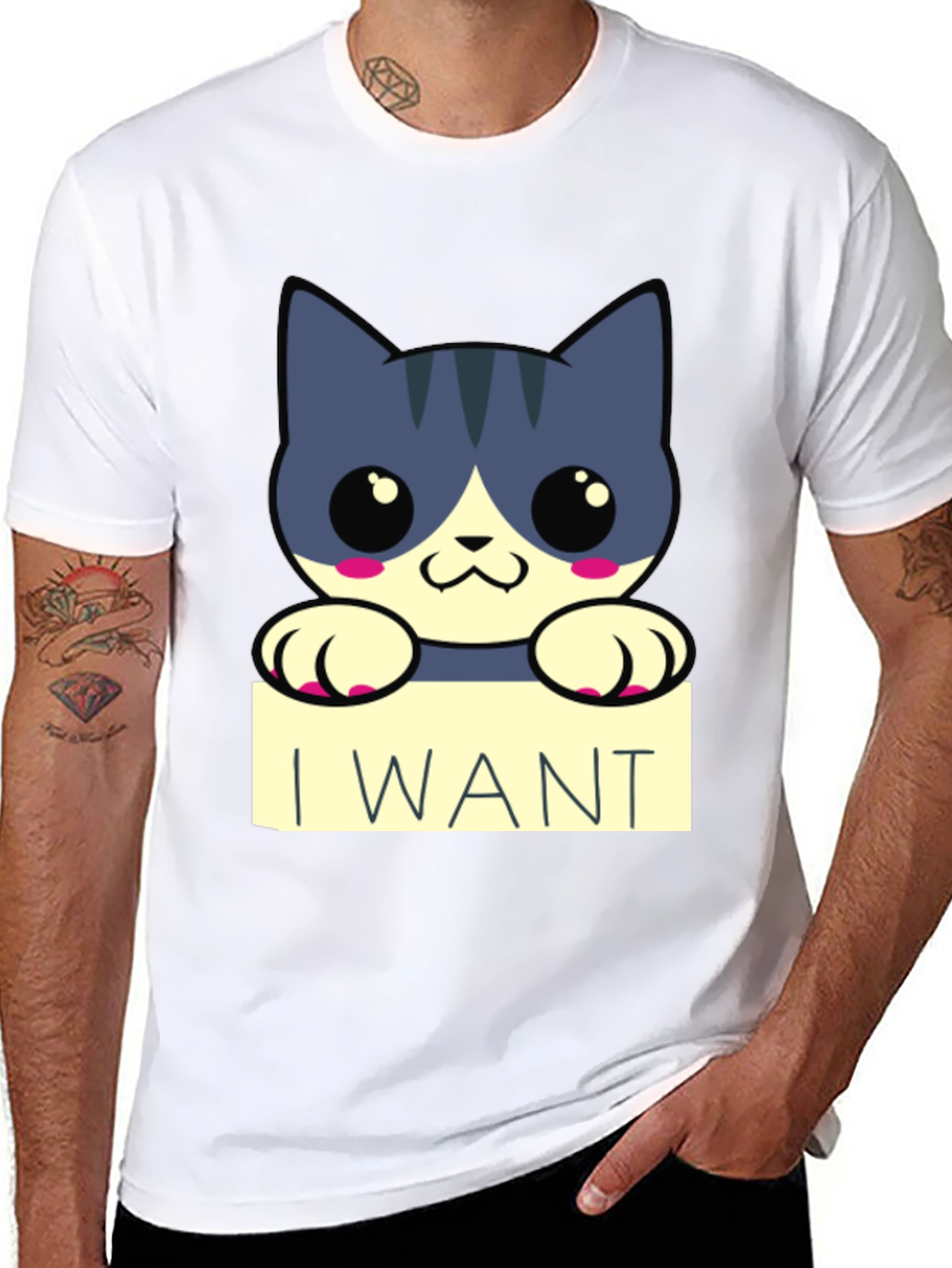 Cute Cartoon Cat I Want T-Shirt - Black