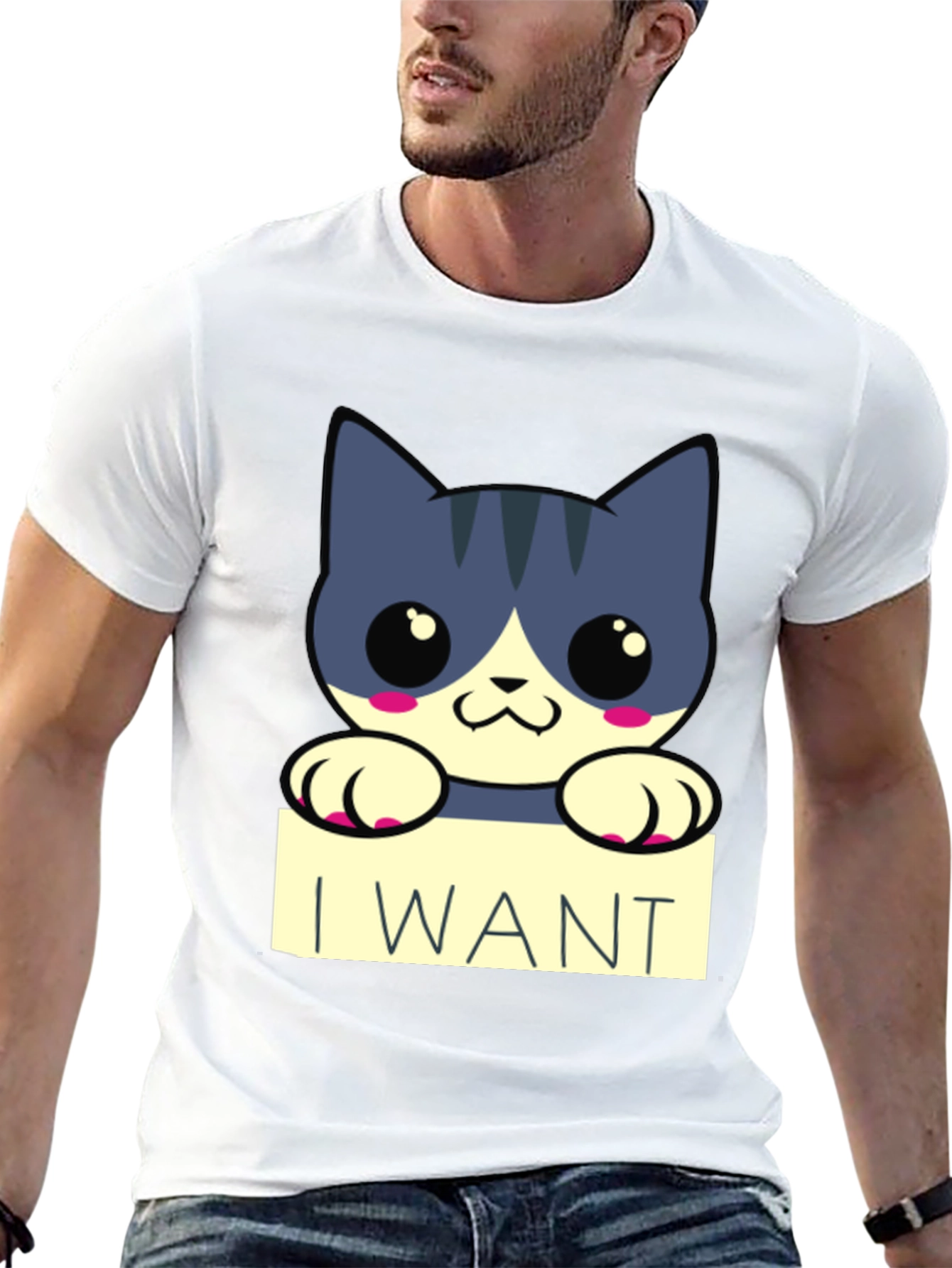Cute Cartoon Cat I Want T-Shirt - Black