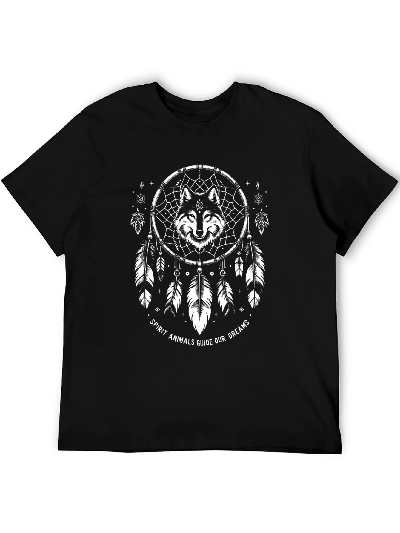 Wolf Spirit Dreamcatcher Graphic Tee - Black Cotton