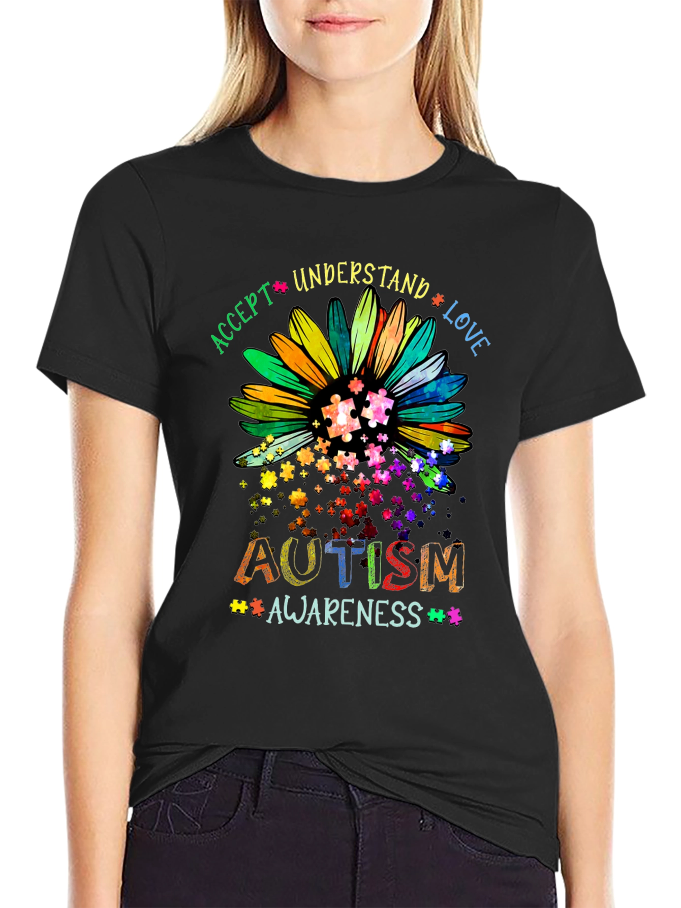 Autism Awareness Sunflower T-Shirt - Accept Understand Love