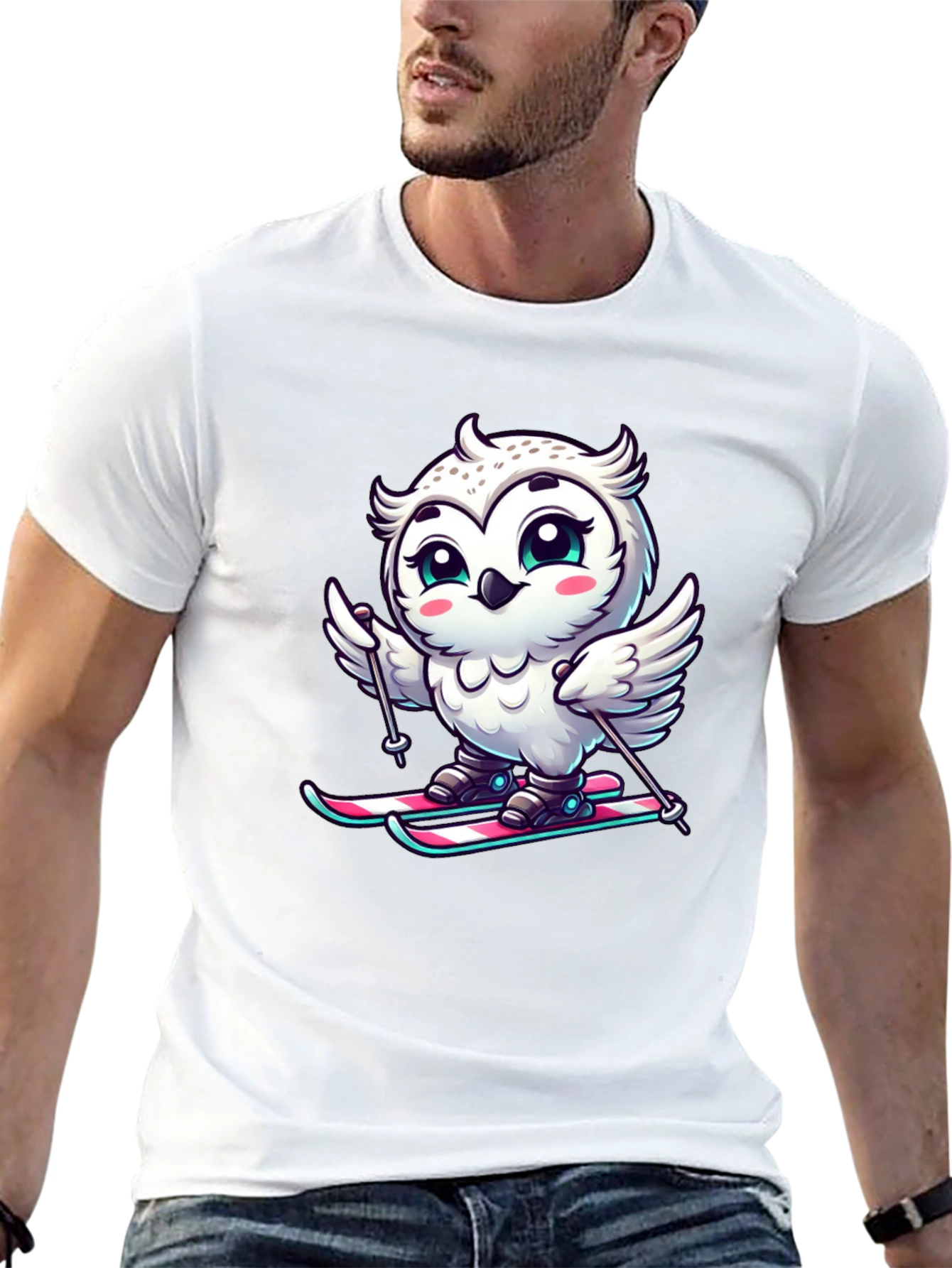 Cute Owl Skiing Graphic Tee - Black
