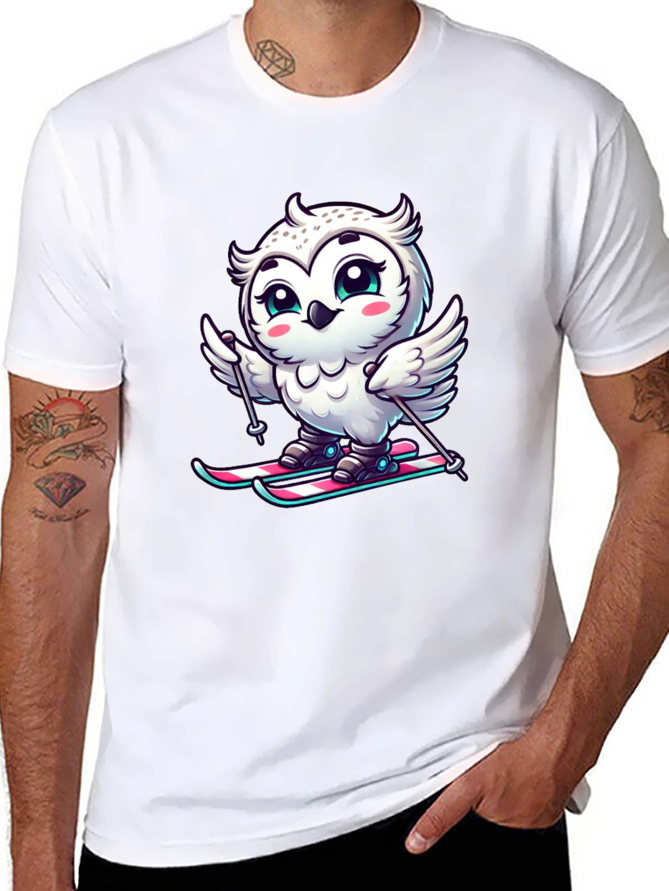 Cute Owl Skiing Graphic Tee - Black