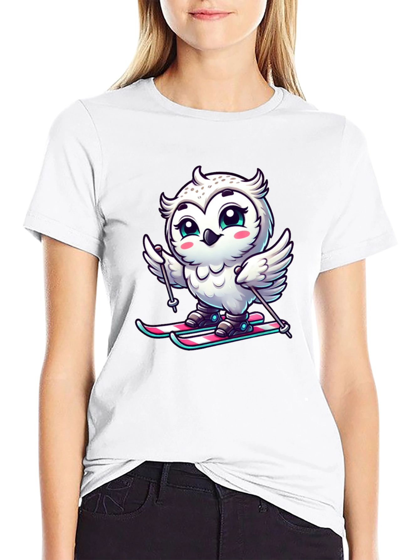 Cute Owl Skiing Graphic Tee - Black