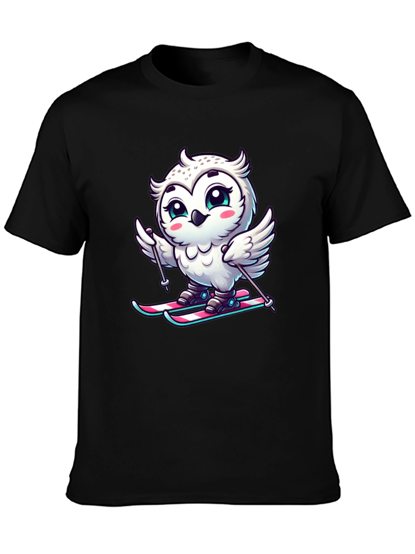 Cute Owl Skiing Graphic Tee - Black
