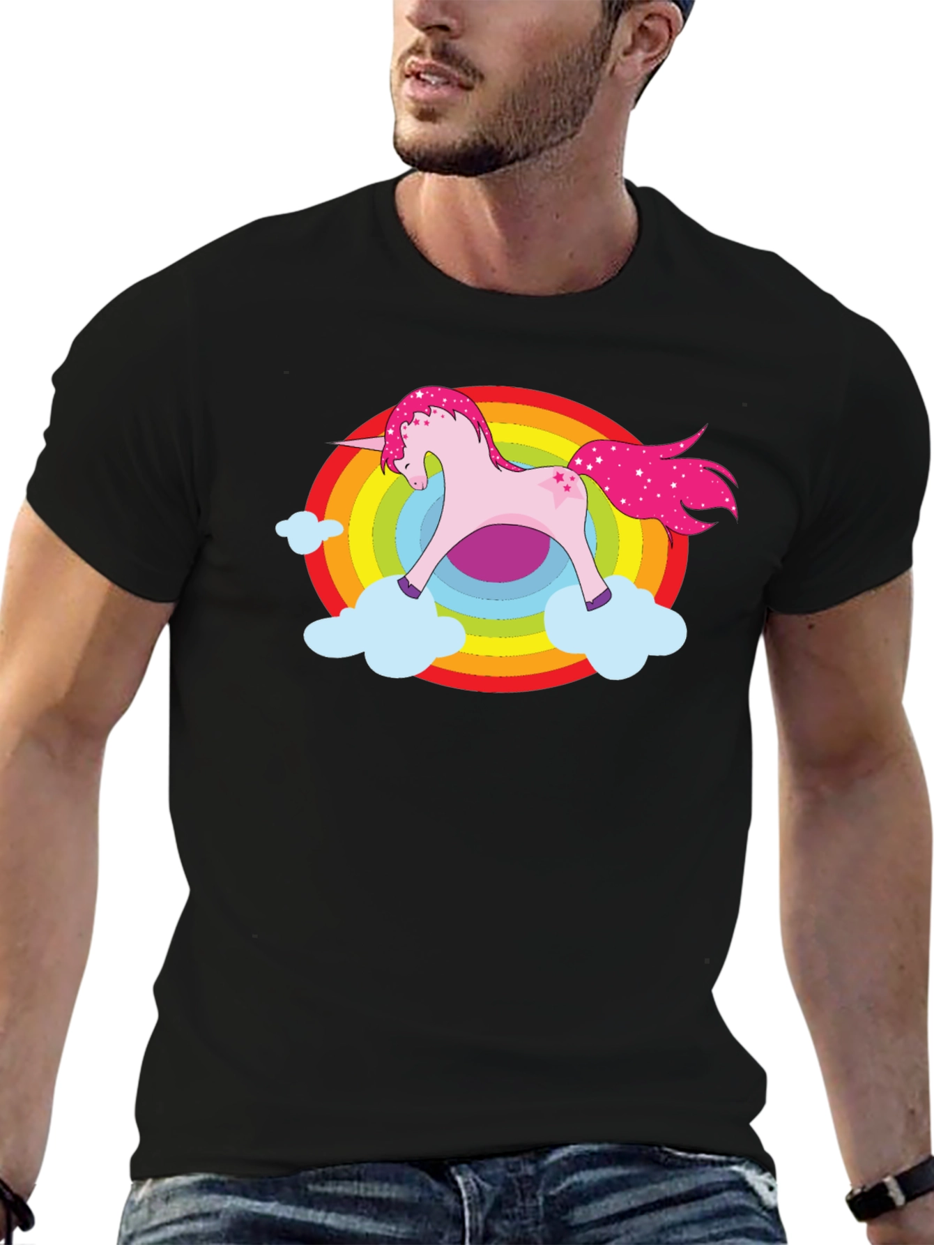Unicorn Rainbow Cloud Graphic Black T-Shirt