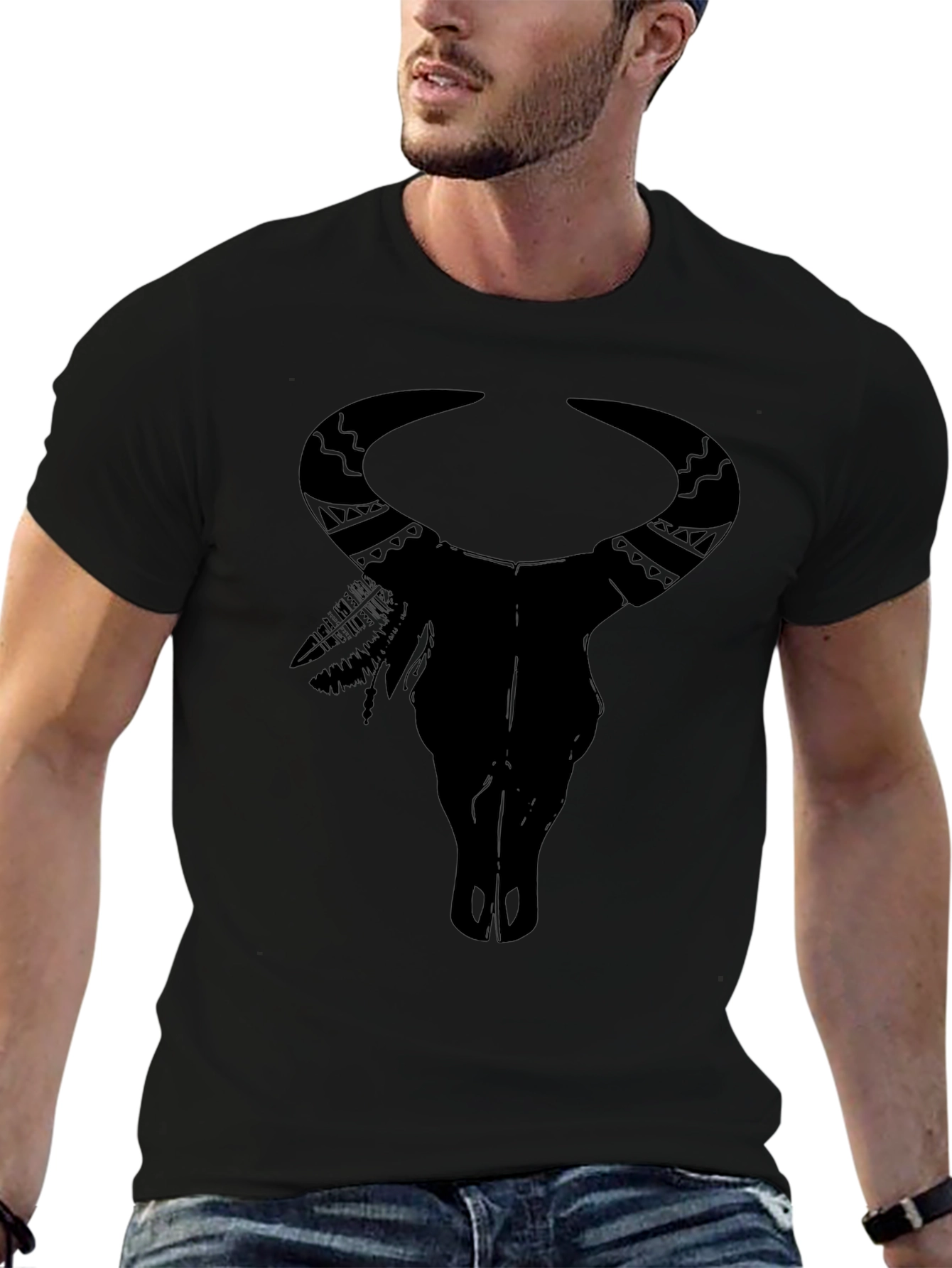 Black Bull Skull Graphic Tee - Native American Inspired