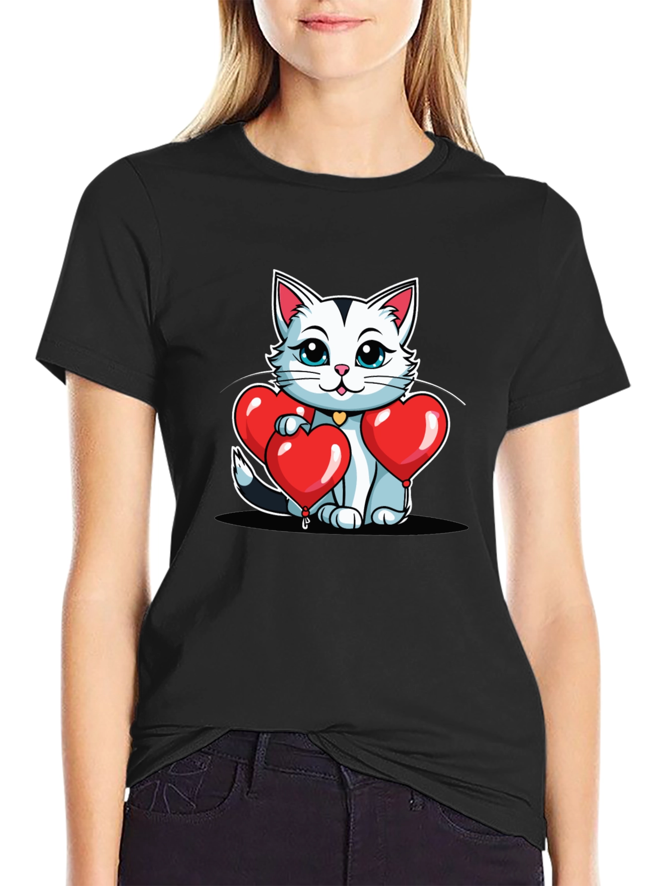 Valentines Cat T-Shirt - Heart Balloons