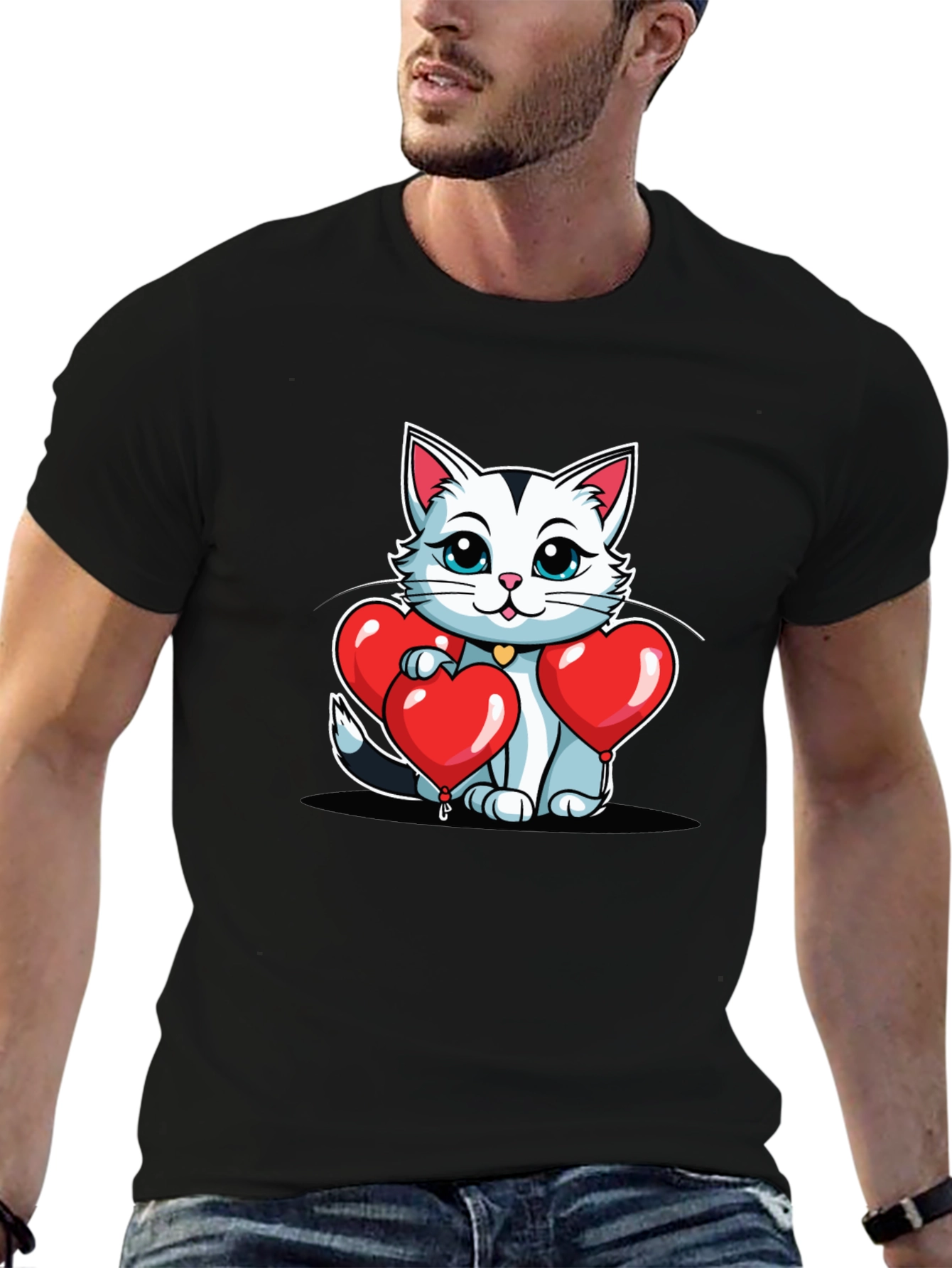 Valentines Cat T-Shirt - Heart Balloons