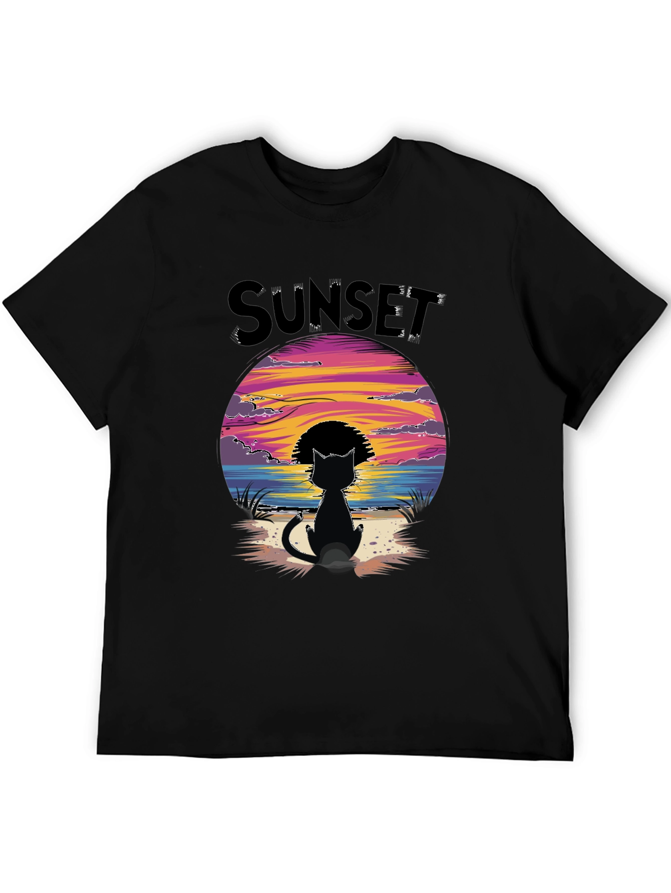 Sunset Cat Graphic Tee - Beach Vibes