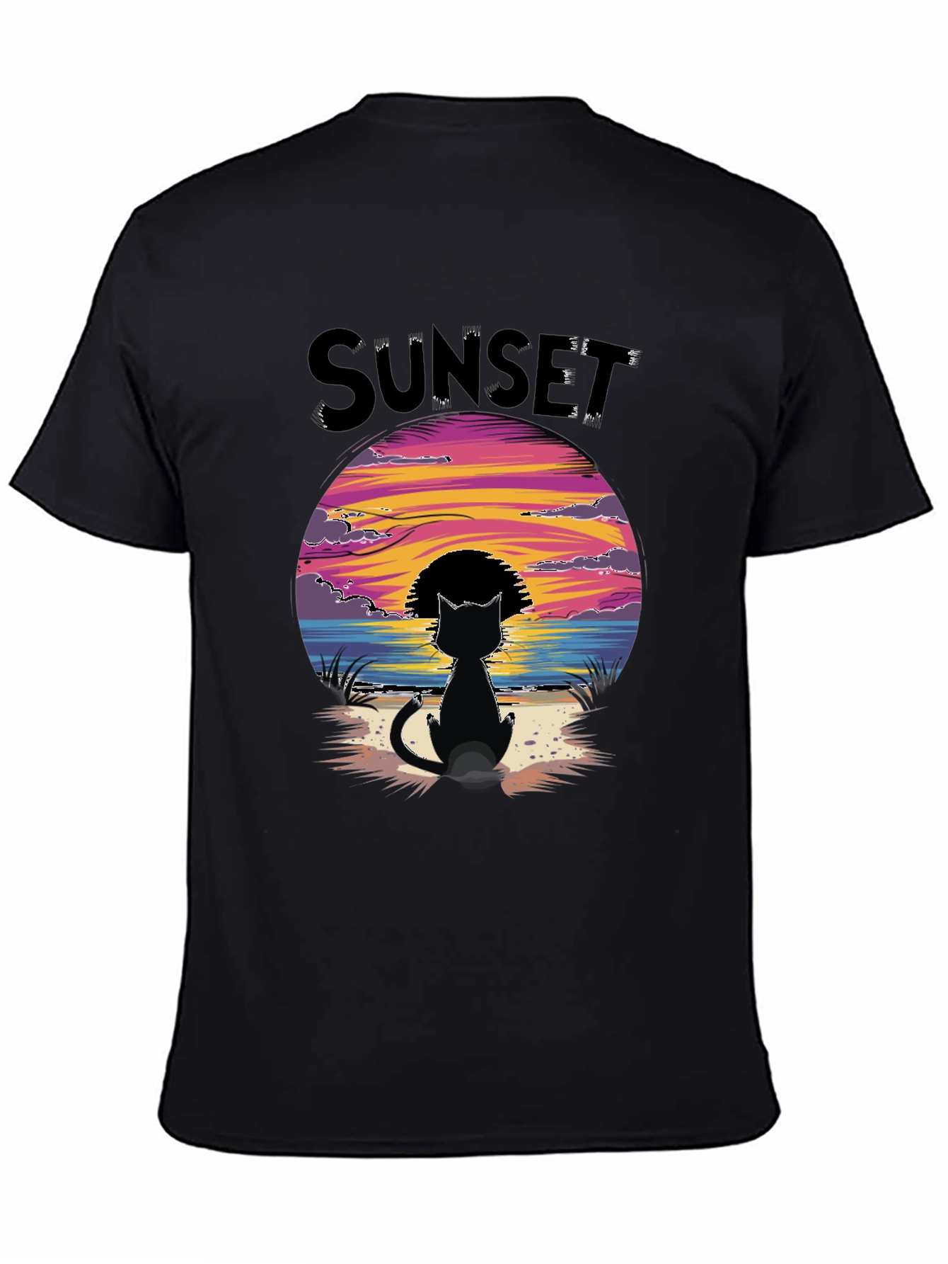 Sunset Cat Graphic Tee - Beach Vibes