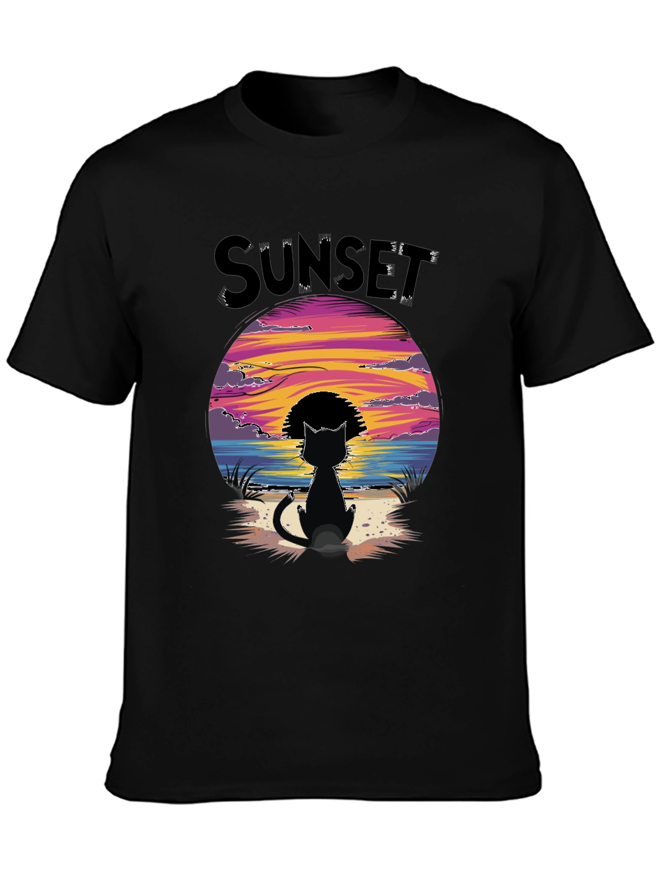 Sunset Cat Graphic Tee - Beach Vibes