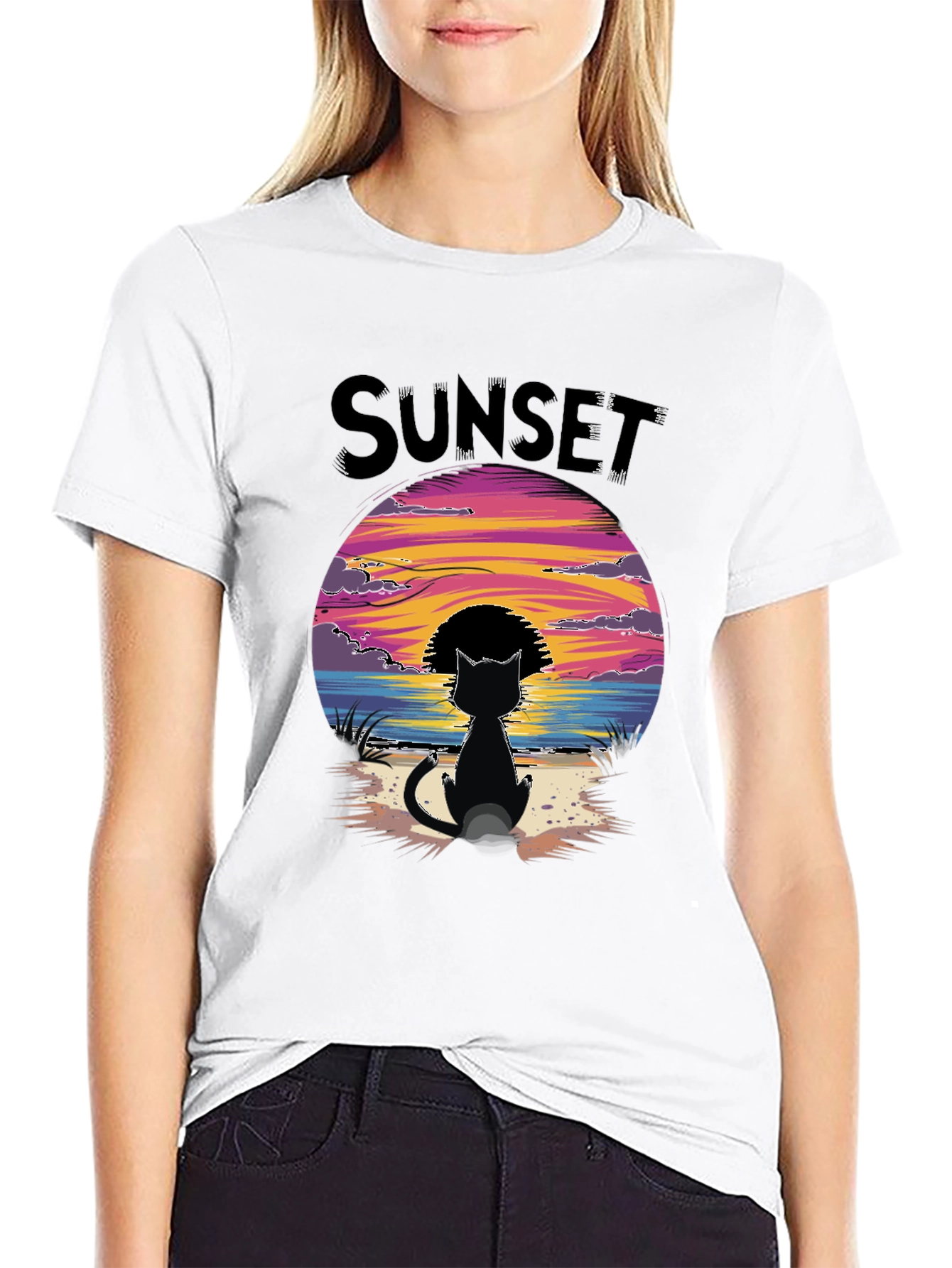 Sunset Cat Graphic Tee - Beach Vibes