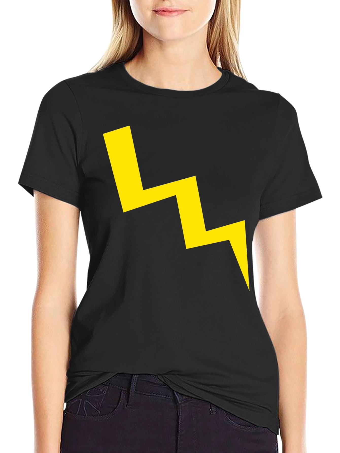 Black T-Shirt with Yellow Lightning Bolt Graphic