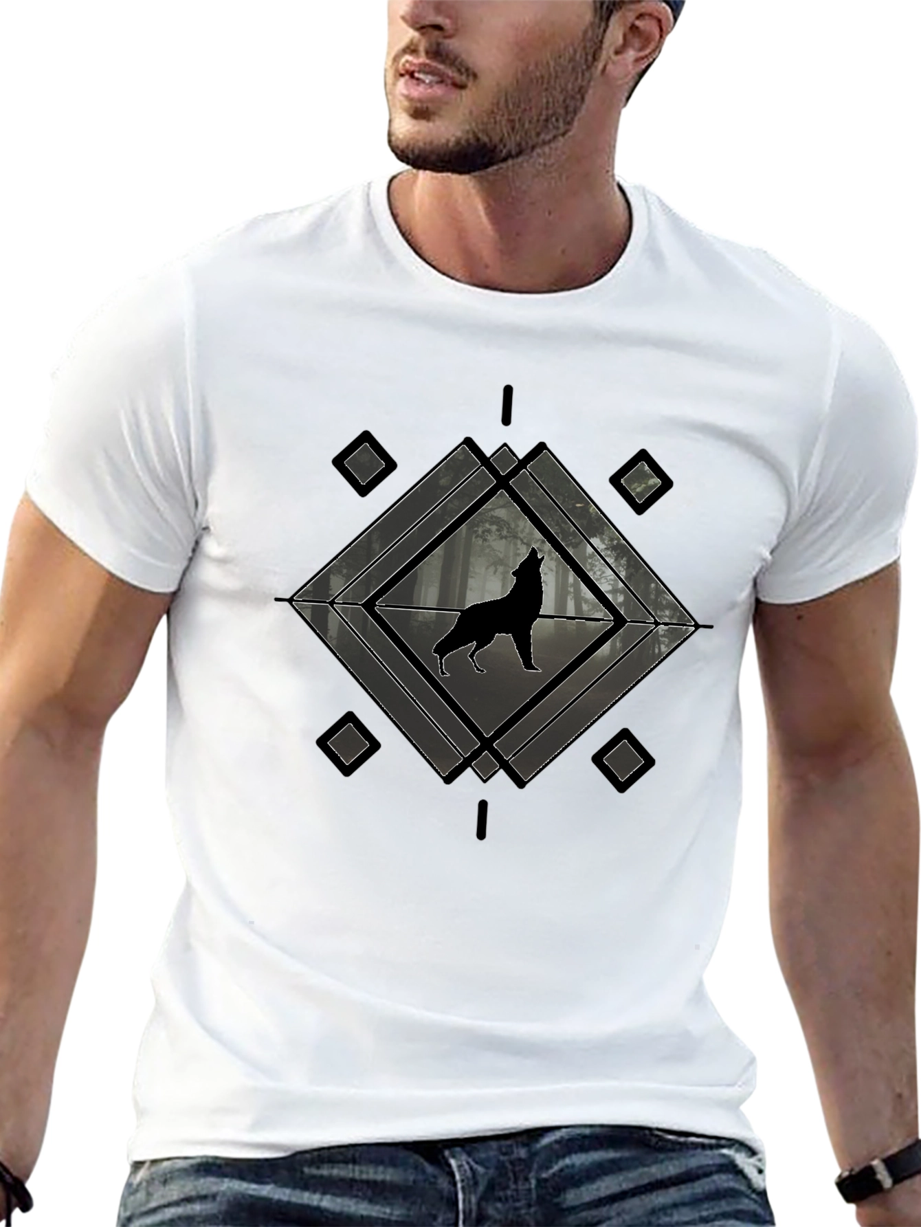 Wolf Howling T-Shirt - Geometric Design