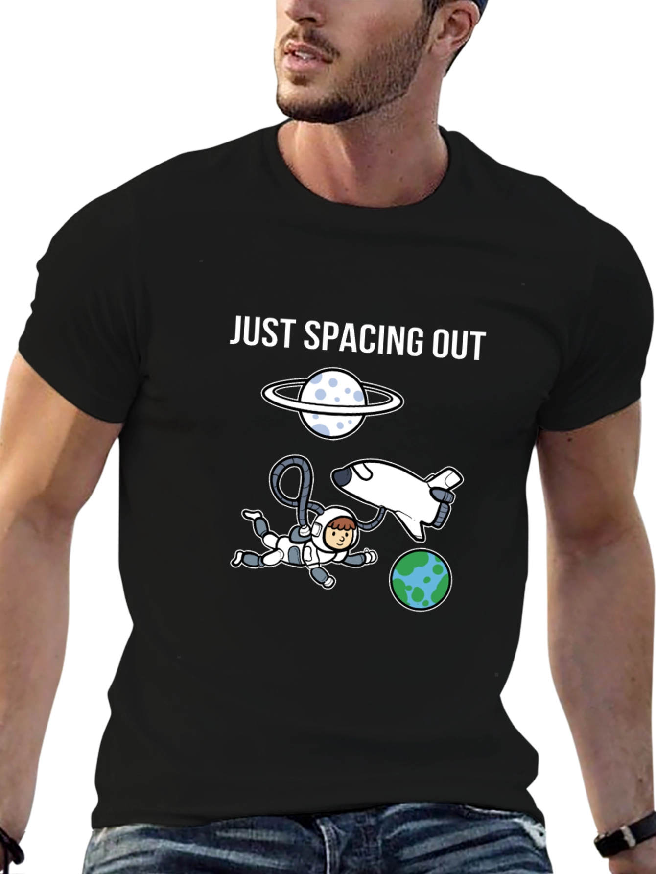 Just Spacing Out Black Graphic T-Shirt