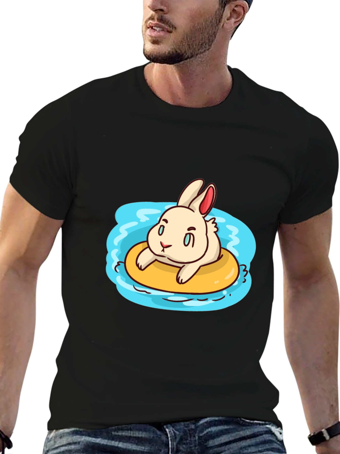 Cartoon Bunny on Float Black T-Shirt