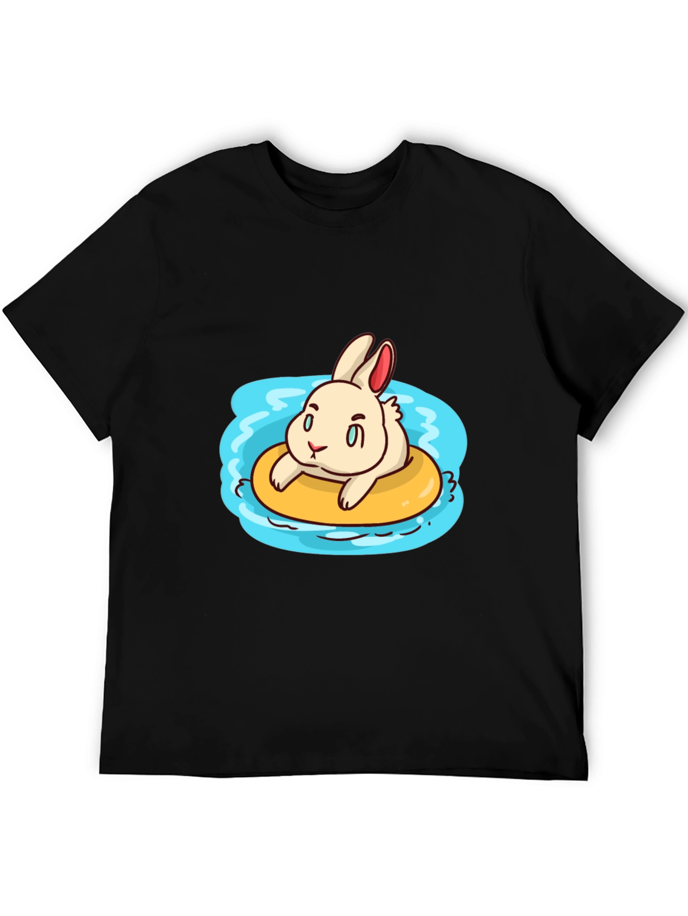 Cartoon Bunny on Float Black T-Shirt