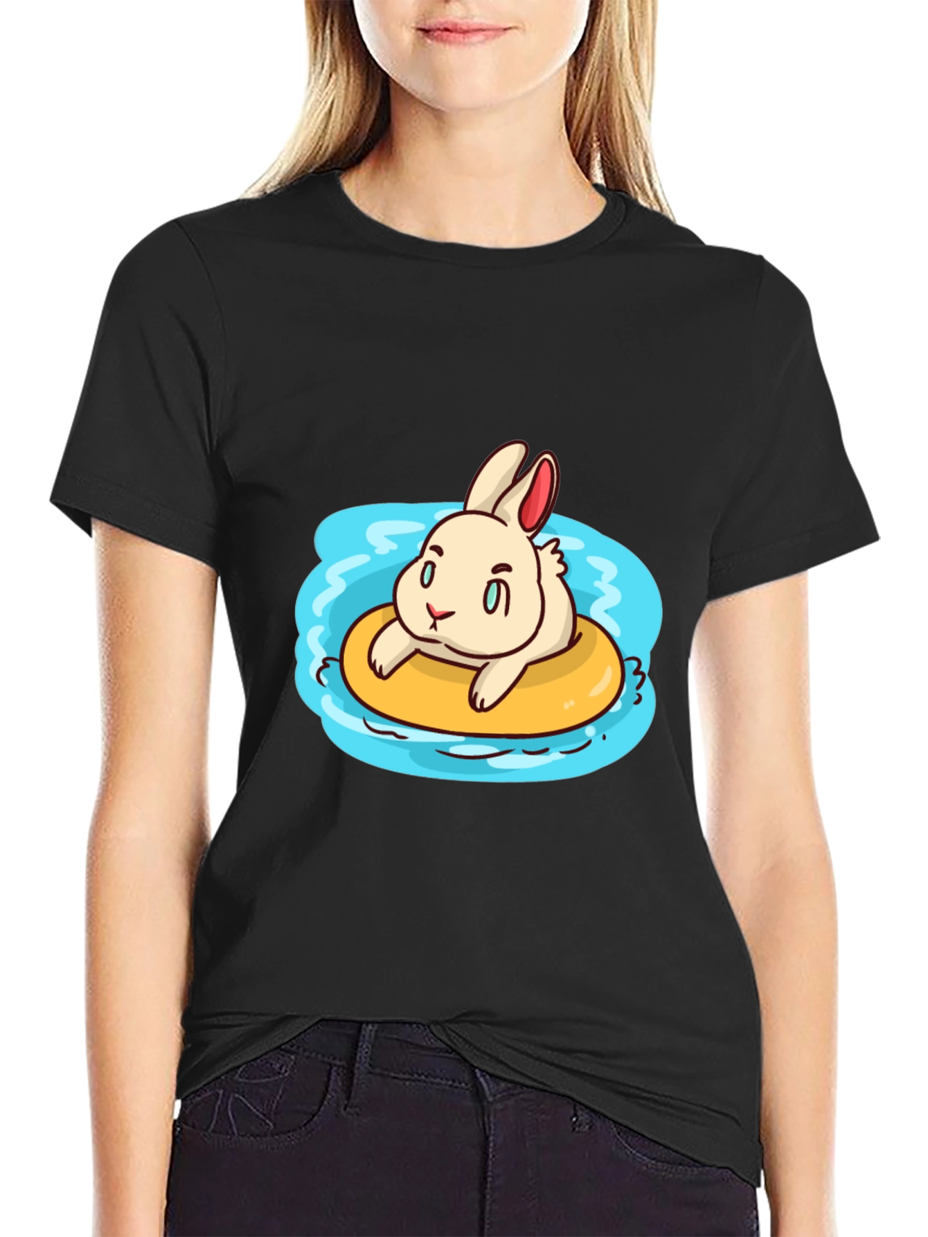 Cartoon Bunny on Float Black T-Shirt