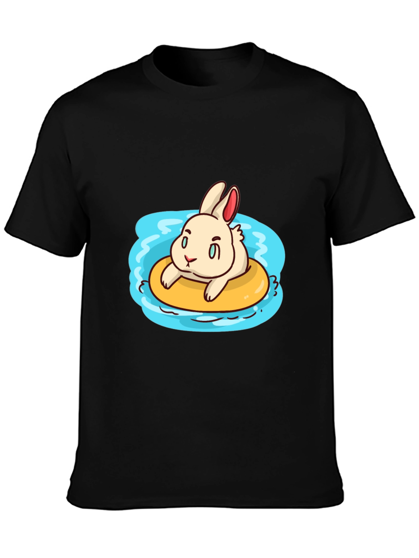 Cartoon Bunny on Float Black T-Shirt
