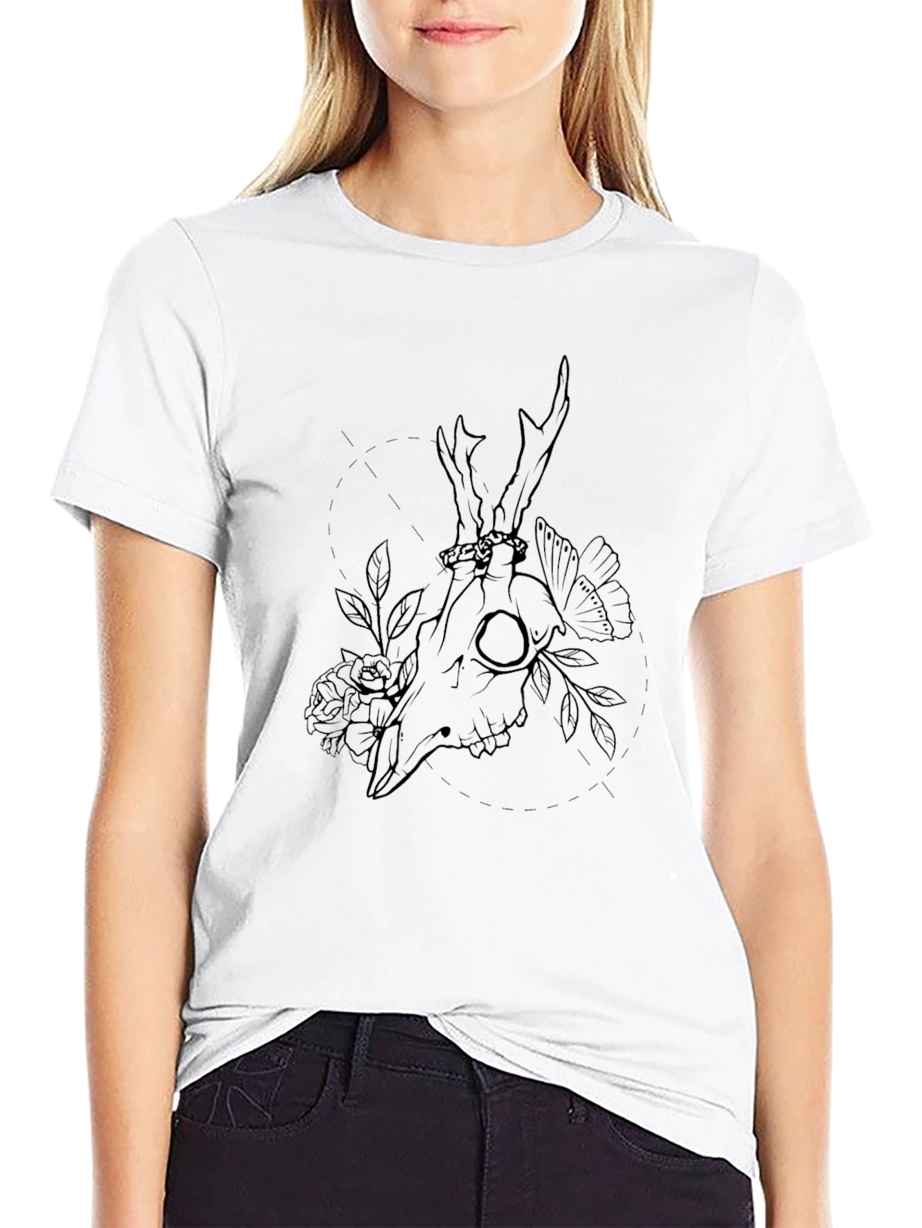 Deer Skull Floral Graphic Tee - Black Cotton