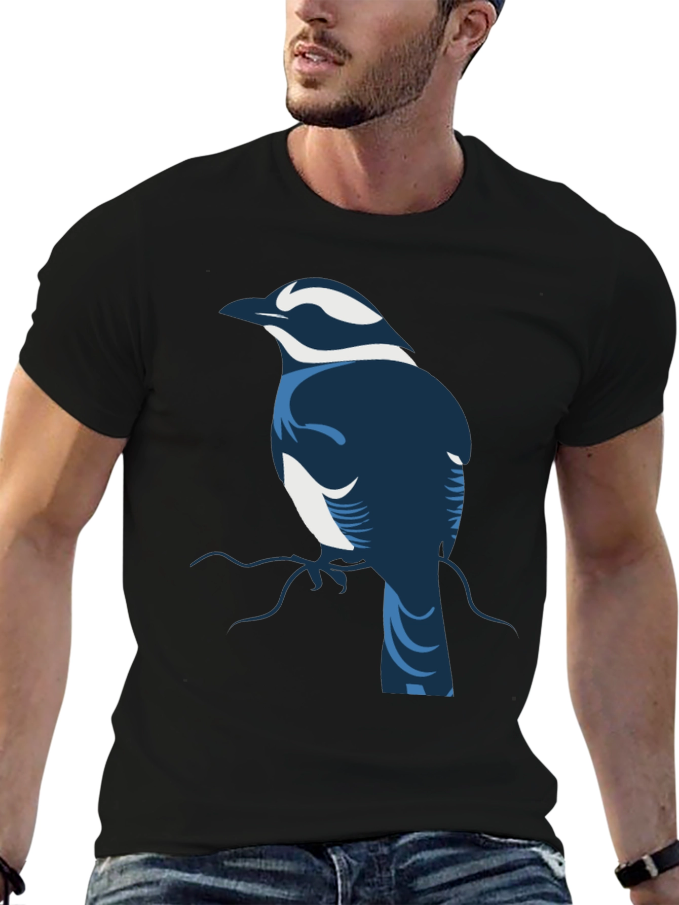 Stylized Bird Graphic Tee - Black Cotton Blend
