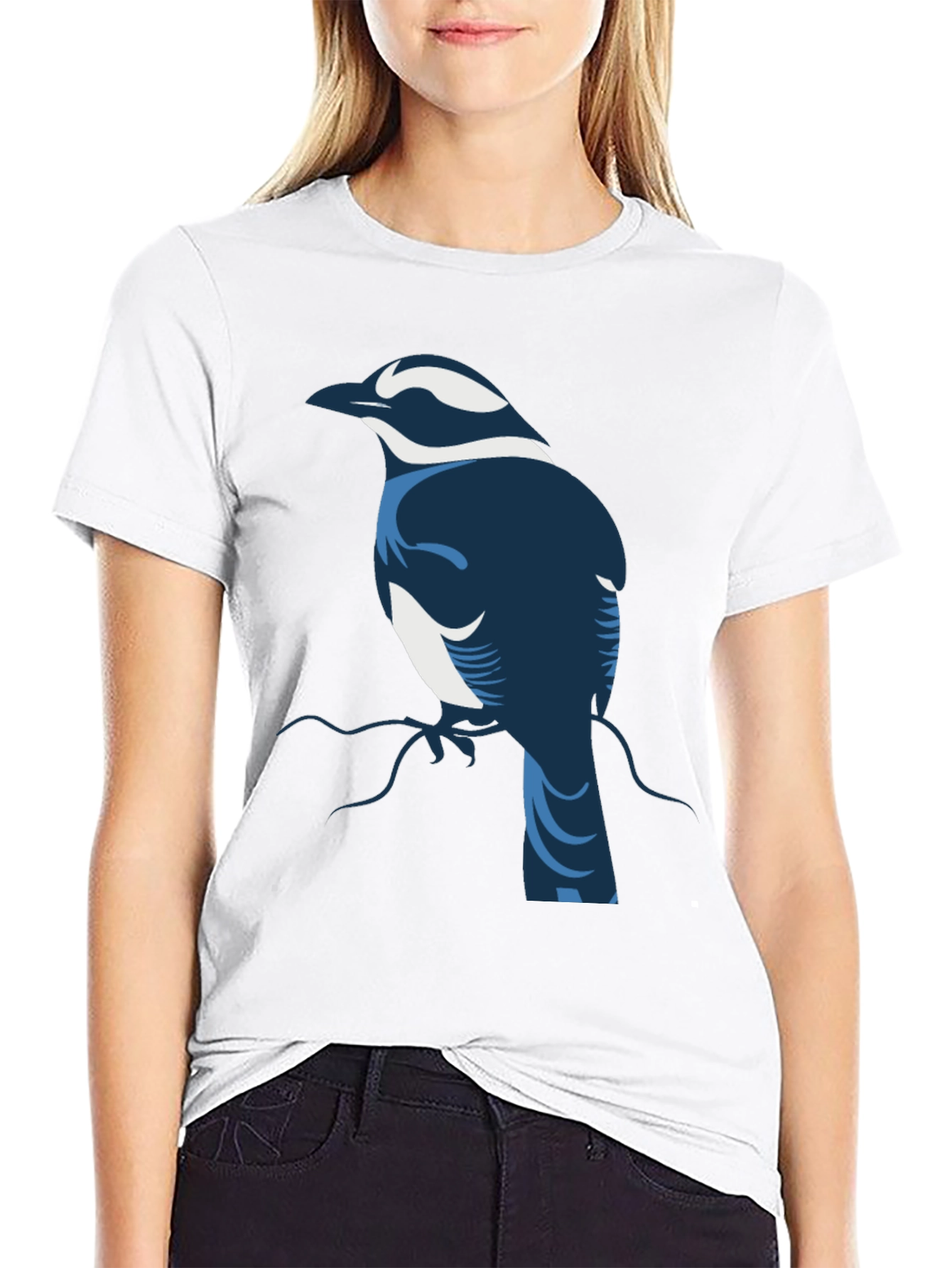 Stylized Bird Graphic Tee - Black Cotton Blend