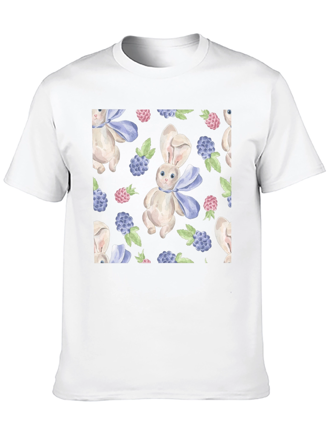 Cute Rabbit & Berry Pattern Black T-Shirt