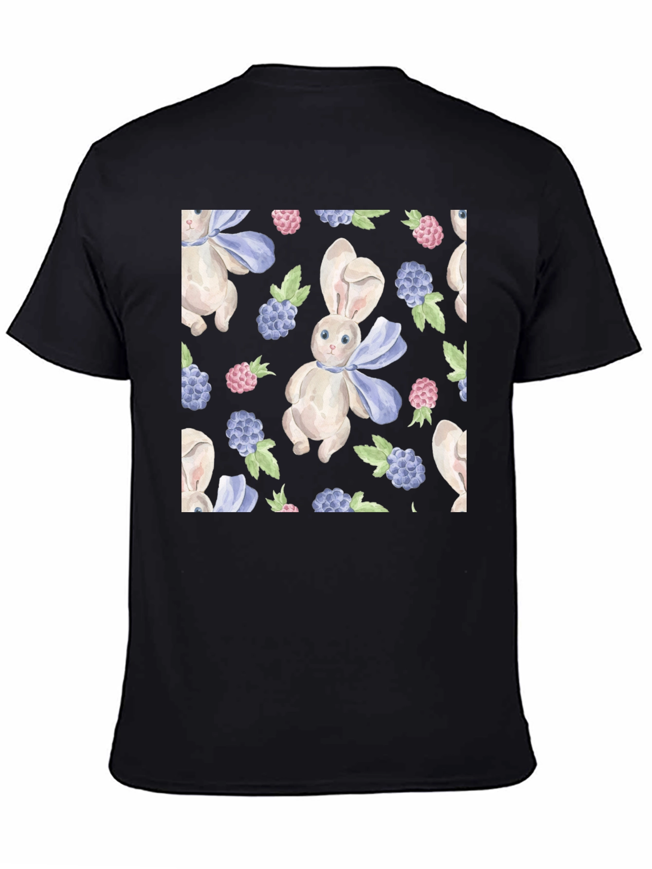Cute Rabbit & Berry Pattern Black T-Shirt