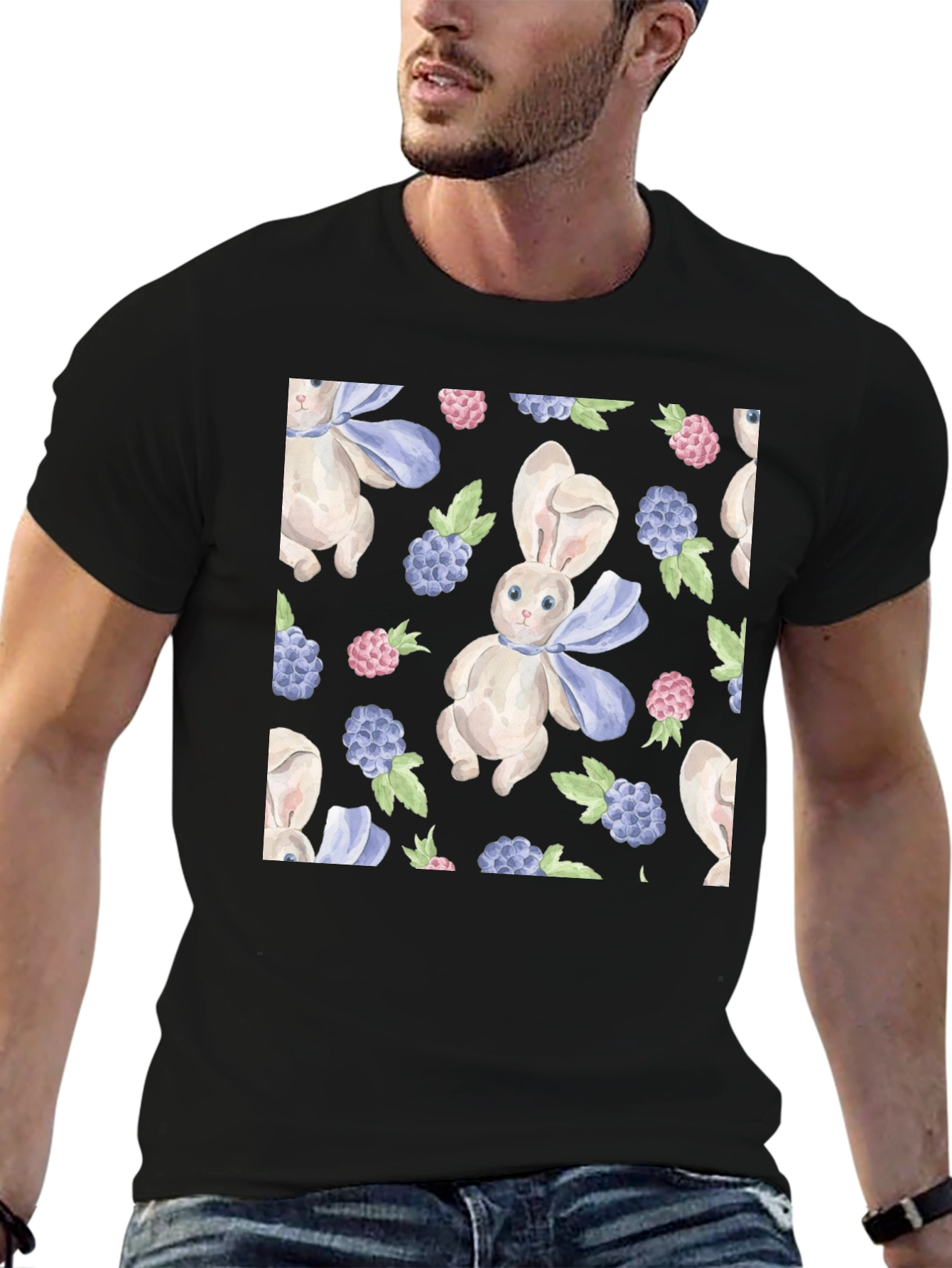 Cute Rabbit & Berry Pattern Black T-Shirt
