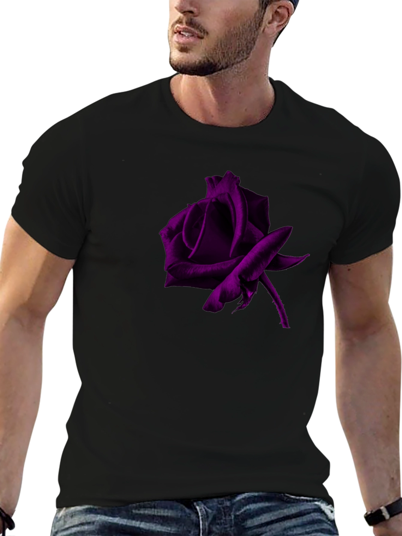 Black T-Shirt with Purple Rose Graphic