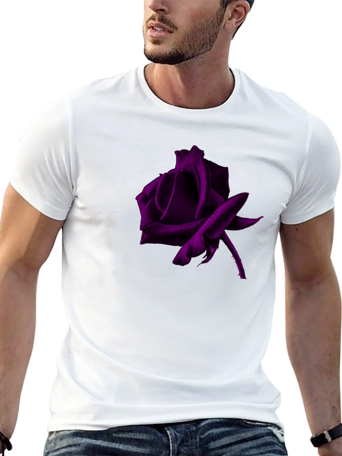 Black T-Shirt with Purple Rose Graphic